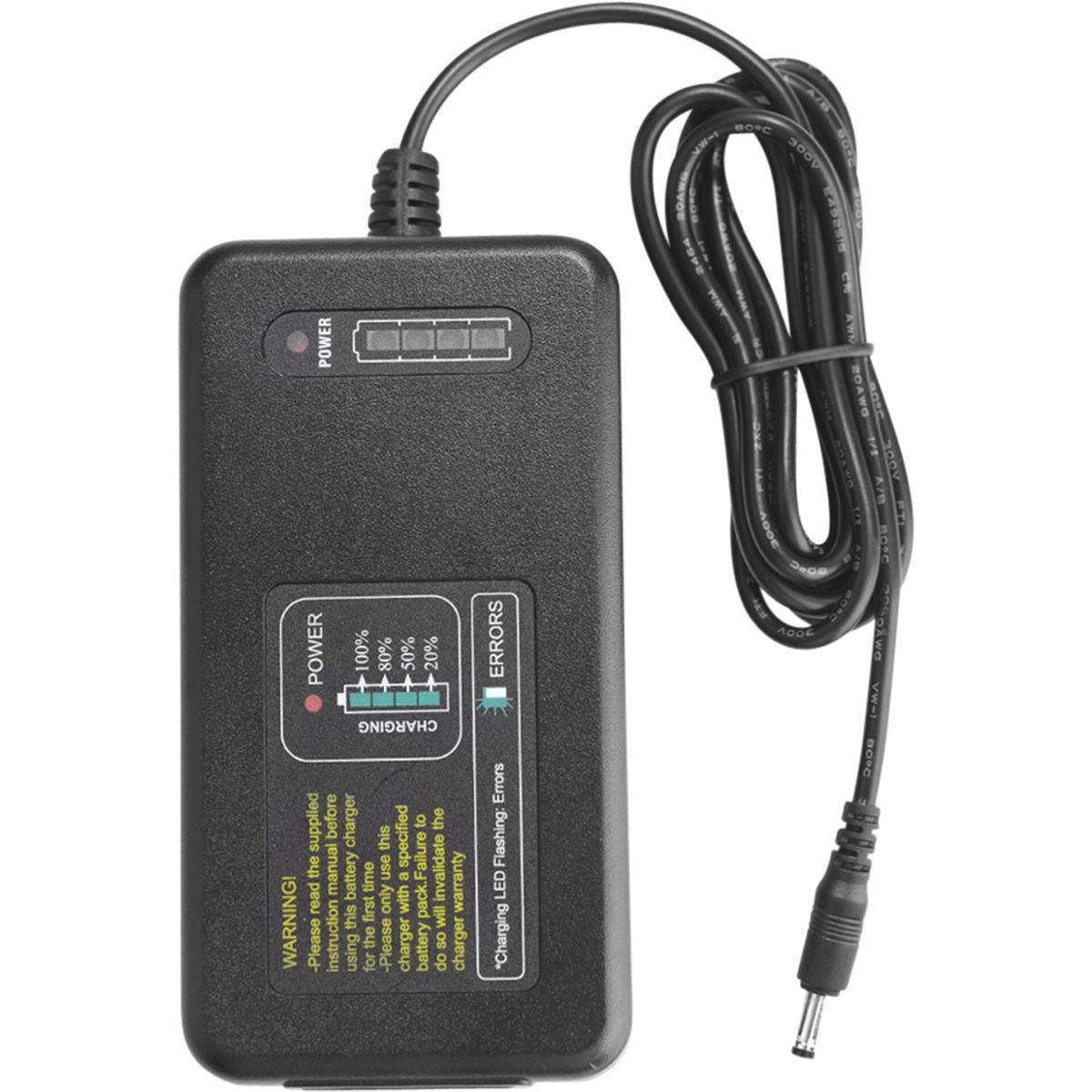 Ein schwarzes Ladegerät mit Ladeanzeige und Ladekabel.