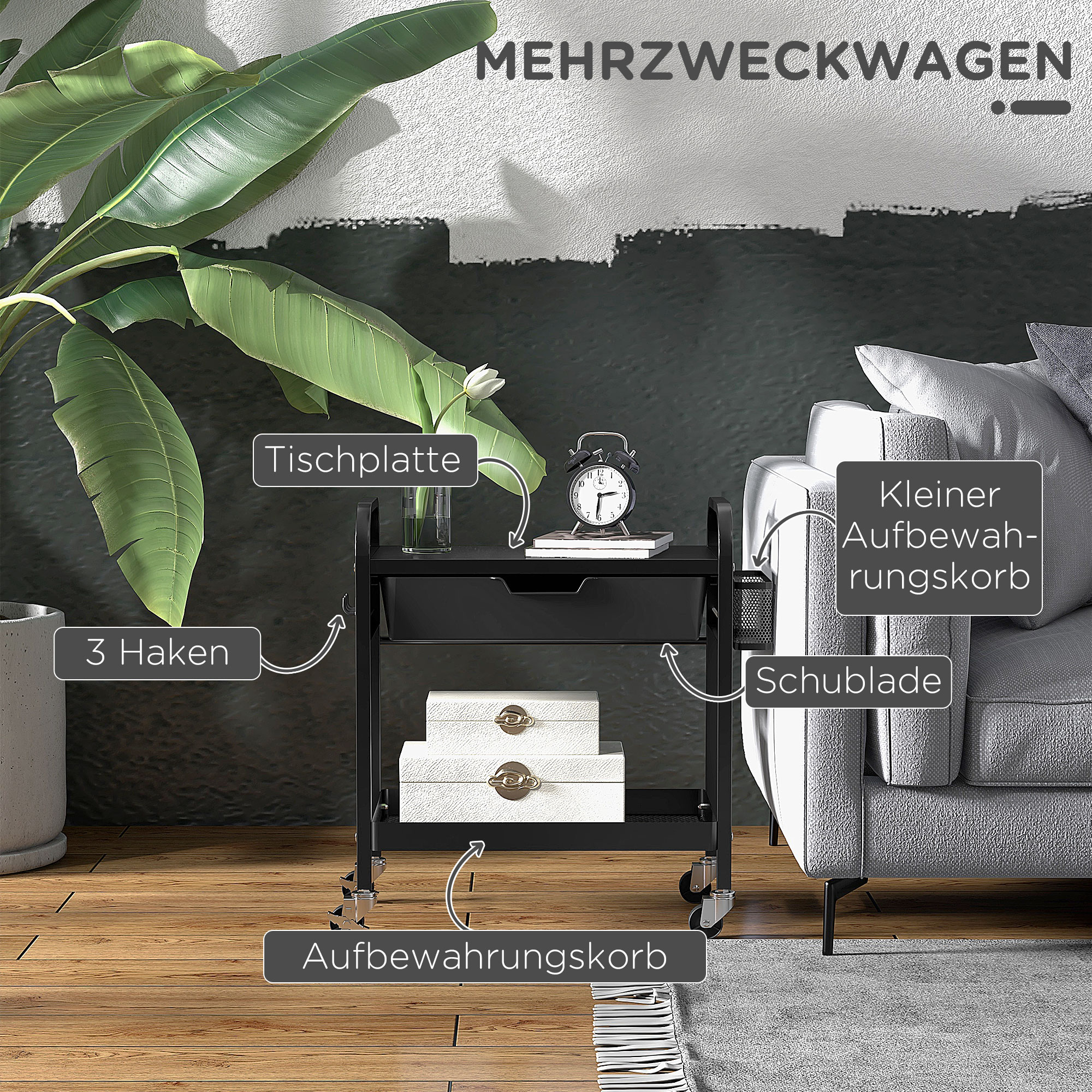Schwarzer Servierwagen mit Stauraum, Schublade und Haken, mit Pflanze und Sofa.