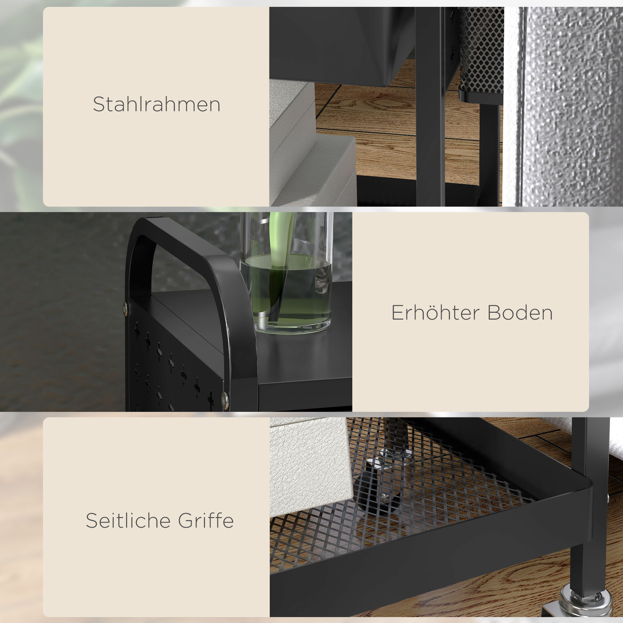 Nahaufnahmen von Details eines Servierwagens. Enthält Stahlrahmen, Griff und Gitterablage.