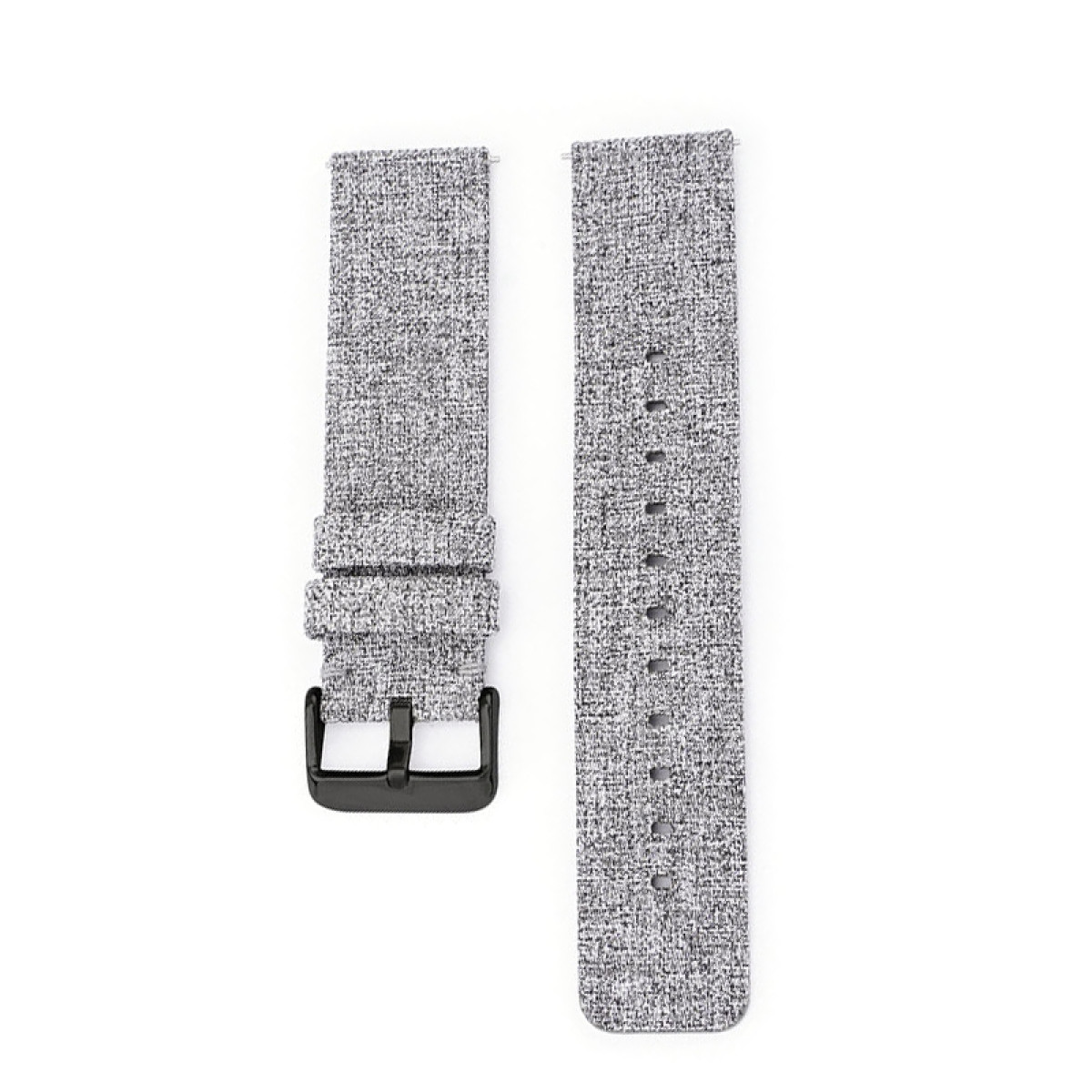 Cinturini per orologi in tessuto grigio con fibbia nera. Un cinturino ha una fibbia, l'altro è liscio.