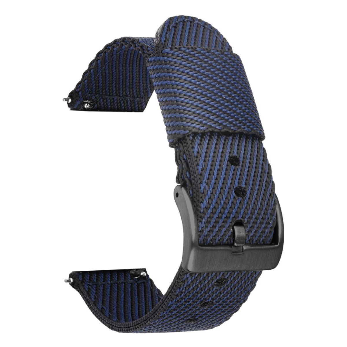 Blau-schwarzes Nylon-Uhrenarmband mit schwarzer Metallschnalle.