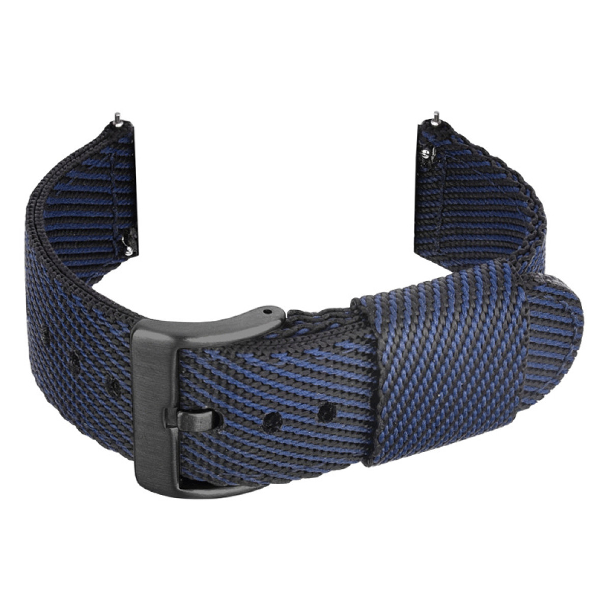 Ein blau-schwarzes Uhrenarmband mit schwarzer Schnalle. Das Armband ist gewebt.