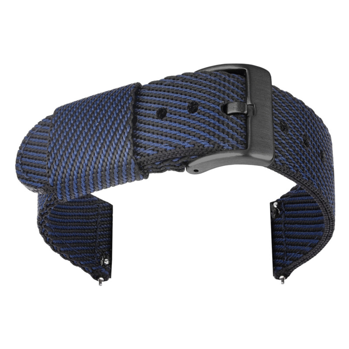 Nahaufnahme eines schwarz-blauen Uhrenarmbands mit schwarzer Schnalle.