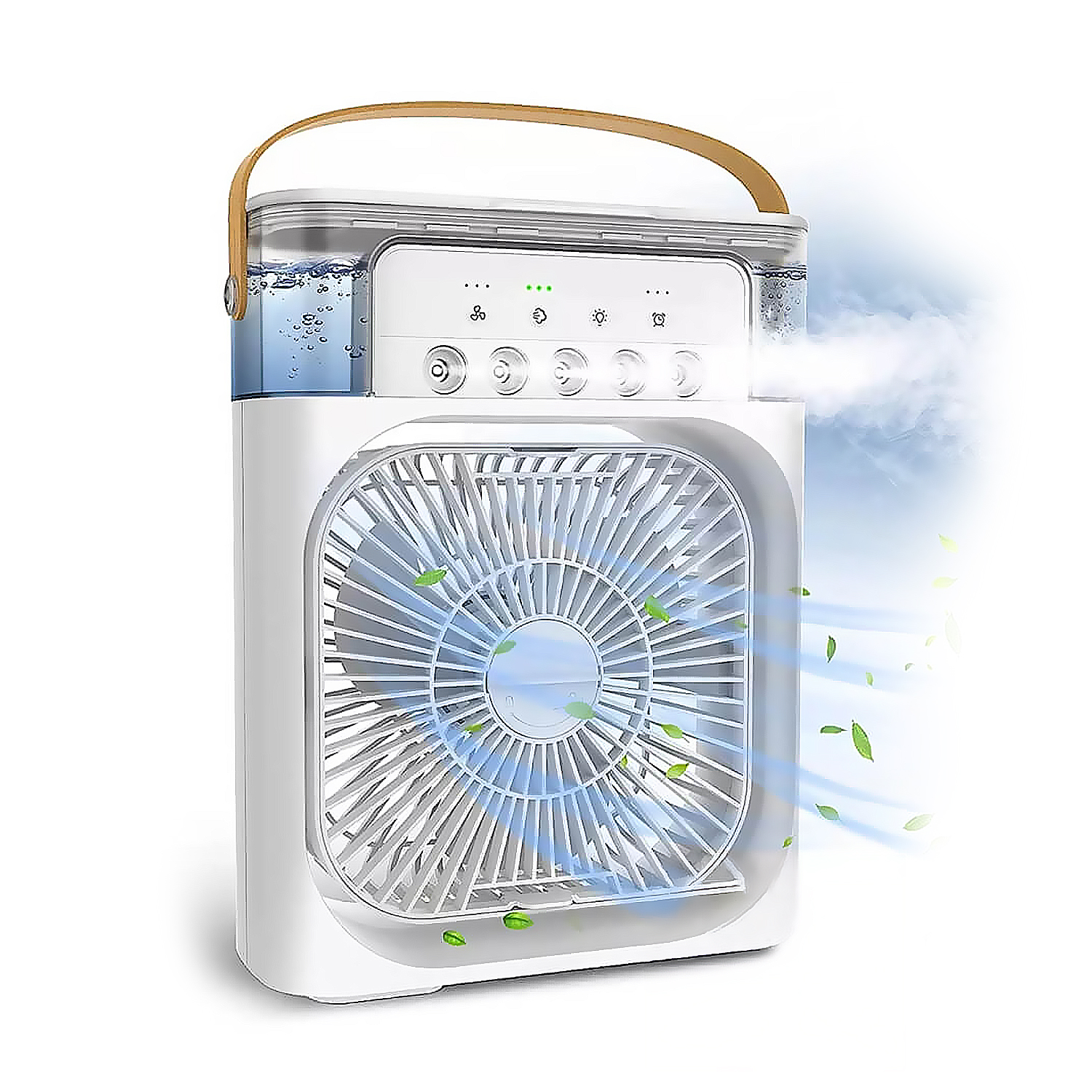 Condizionatore portatile bianco con pale della ventola e serbatoio dell'acqua, che produce aria fresca.