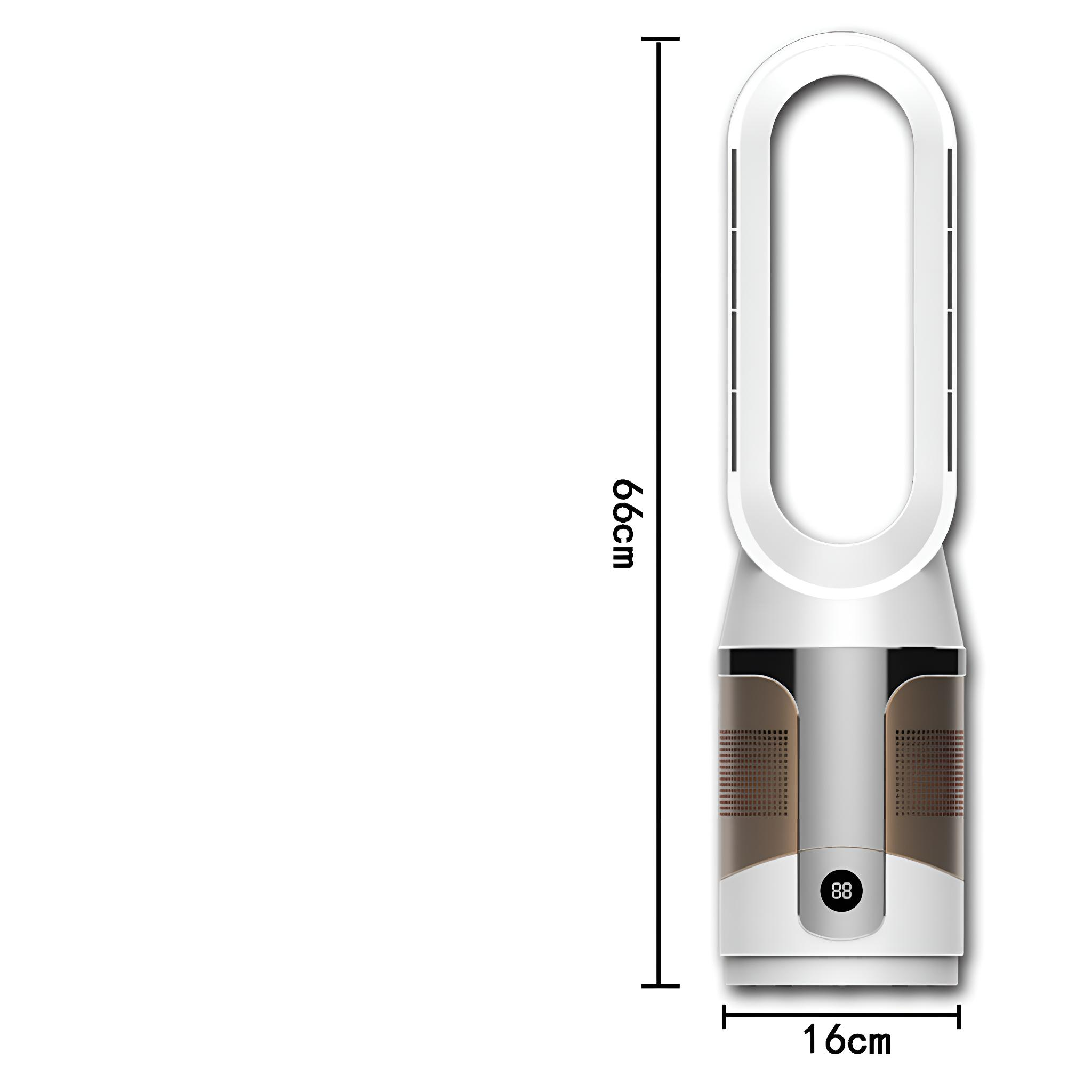 Weißer und brauner Luftreiniger mit Abmessungen. 66 cm hoch, 16 cm breit.