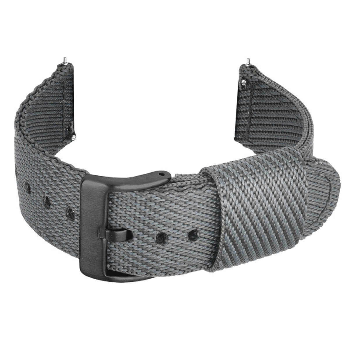 Graues Uhrenarmband mit schwarzer Schnalle.
