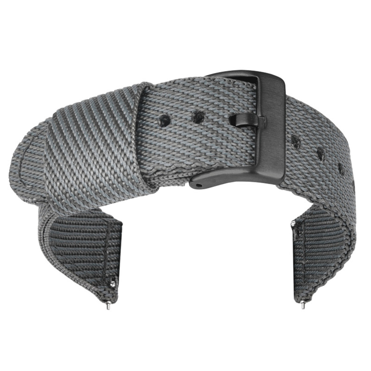 Graues Uhrenarmband, gewebte Textur, schwarze Schnalle. Weißer Hintergrund.