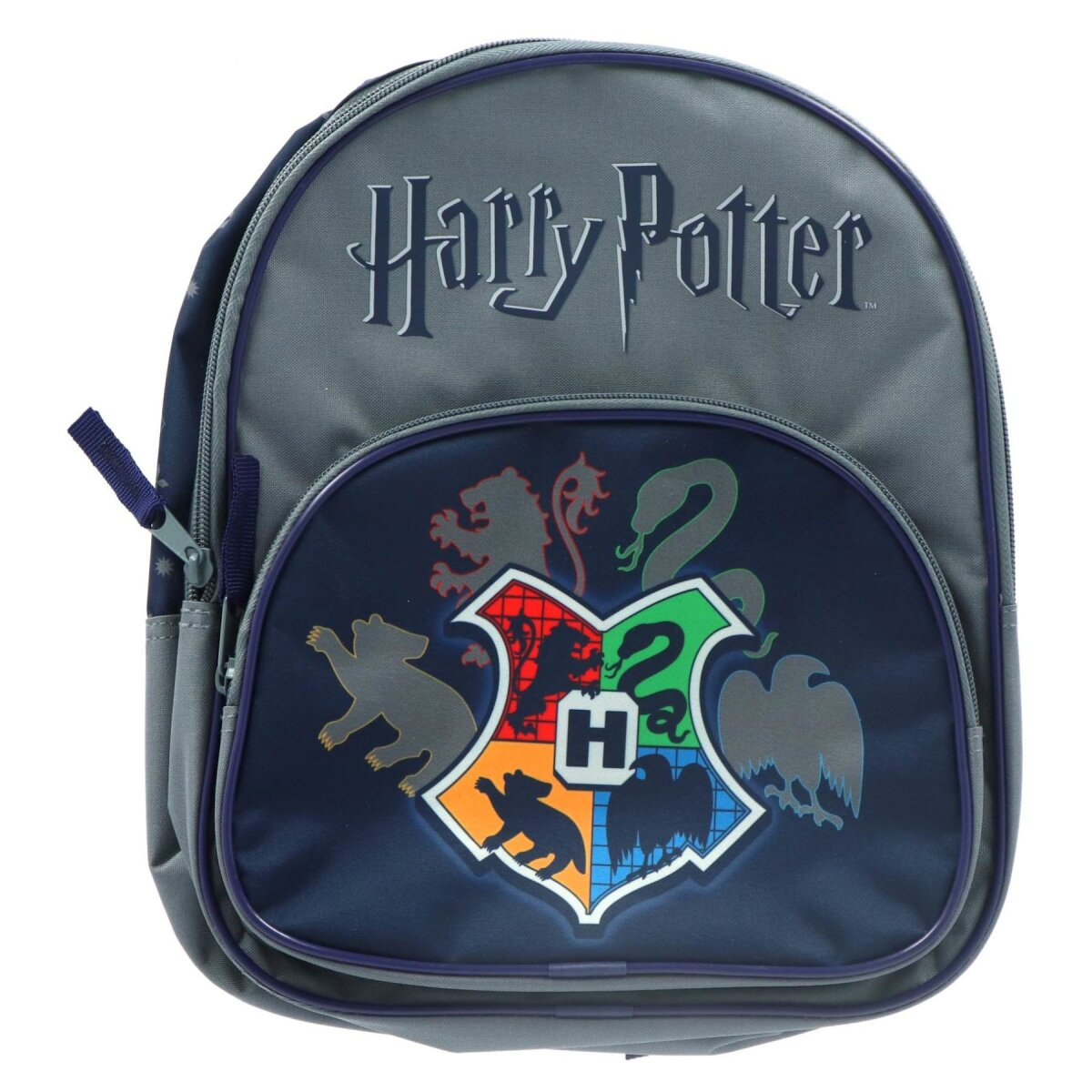 Harry Potter Rucksack mit Hogwarts-Wappen auf blau-grauem Hintergrund.