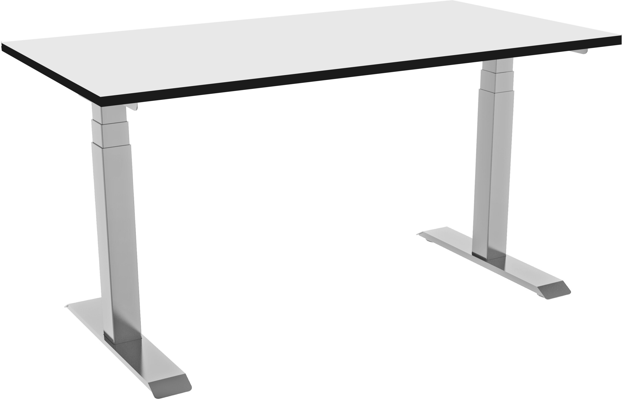 Ein weißer Schreibtisch mit schwarzen Kanten und silbernen Beinen. Der Schreibtisch ist modern.