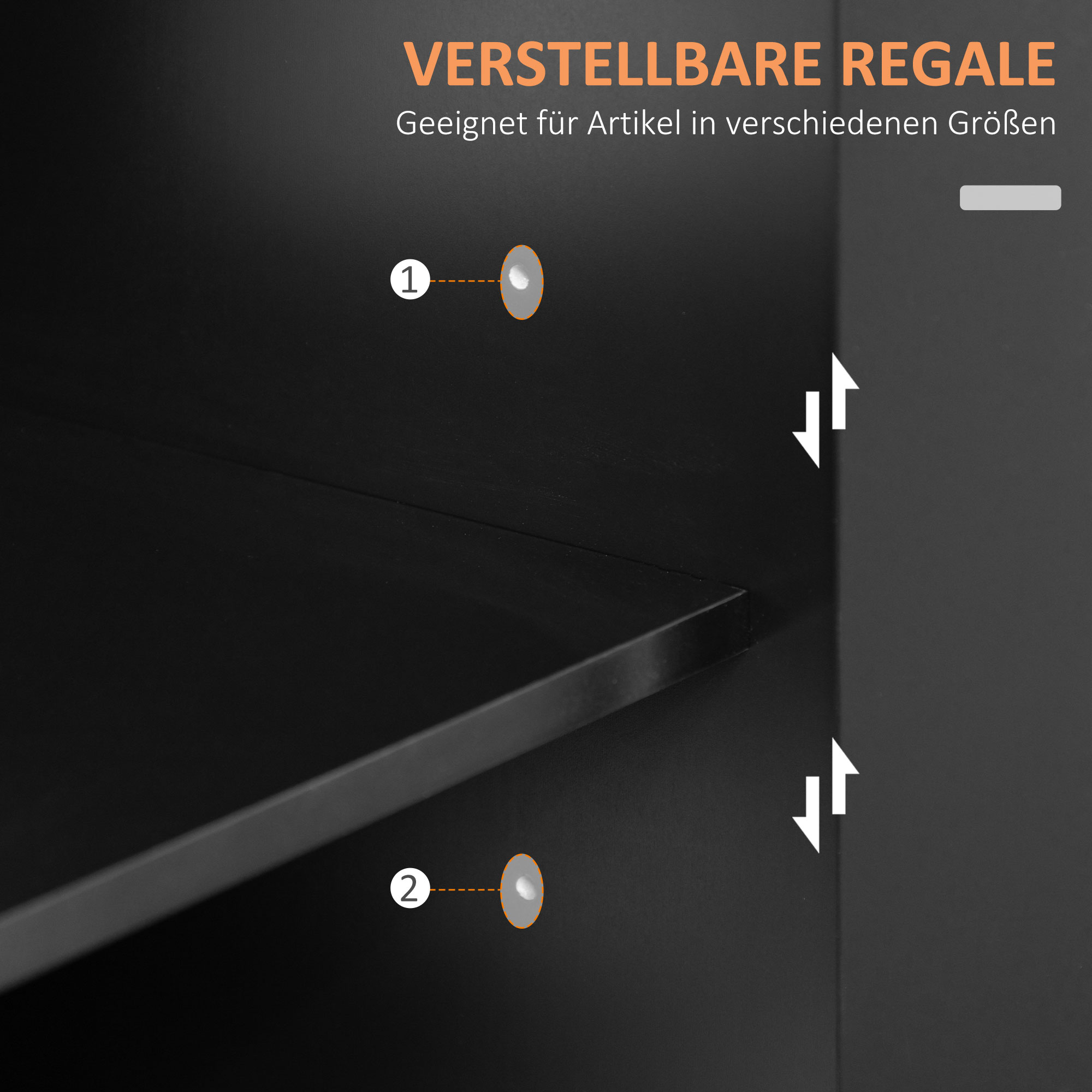 Nahaufnahme des Inneren des Schranks mit verstellbaren Regalen. Pfeile und Zahlen werden angezeigt.
