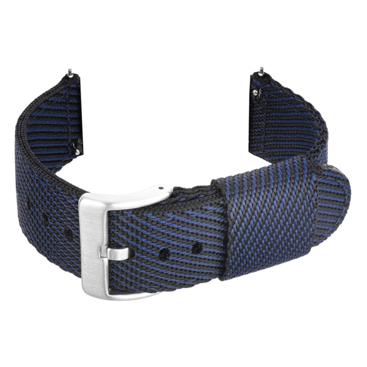Un cinturino in nylon blu e nero con fibbia argentata.