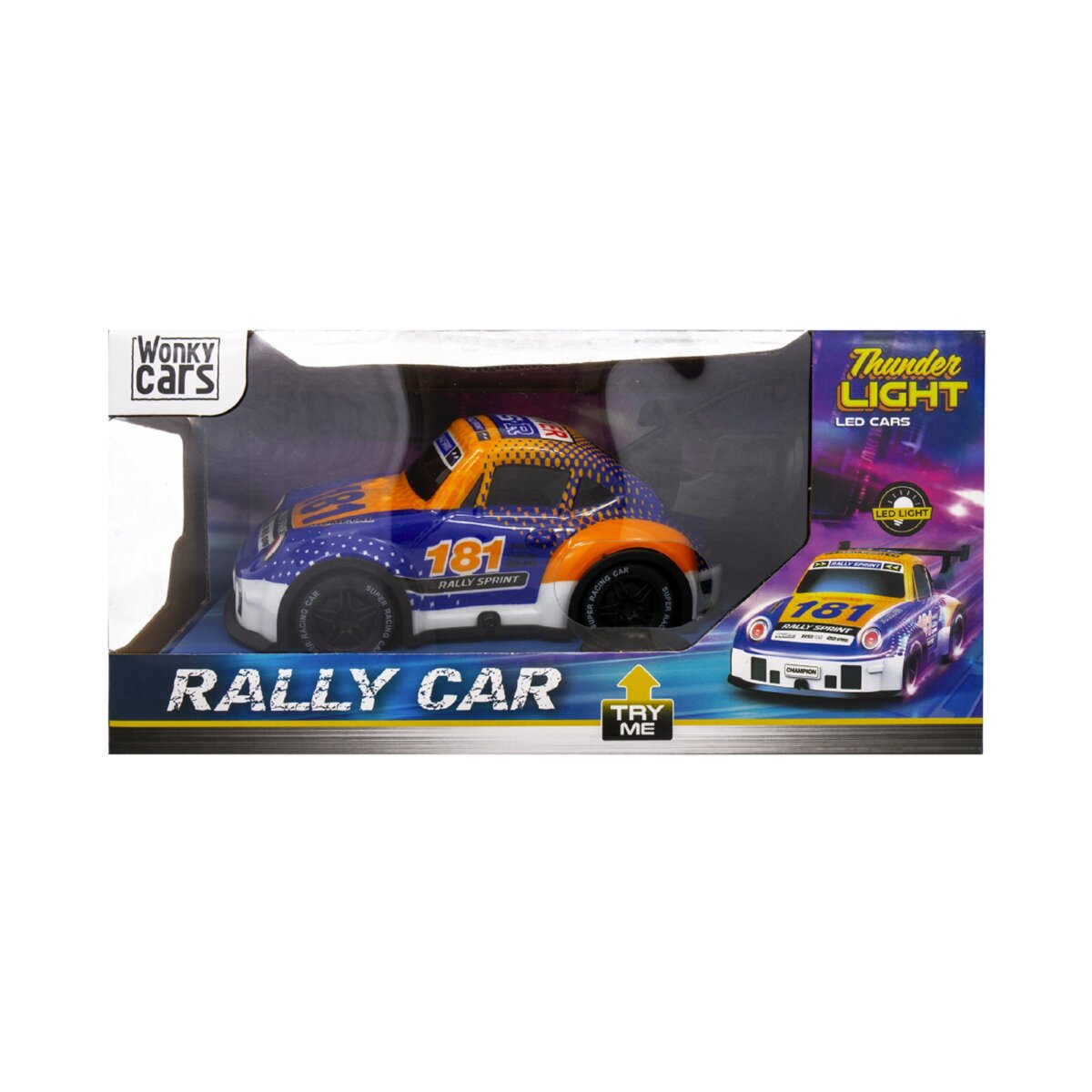 Ein Spielzeugauto in einer Box mit den Wörtern „RALLY CAR“ und „Thunder Light LED Cars“.