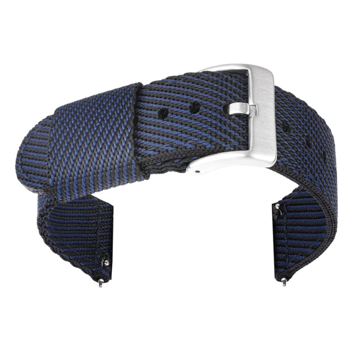 Un cinturino per orologio in nylon intrecciato blu e nero, con fibbia argentata.