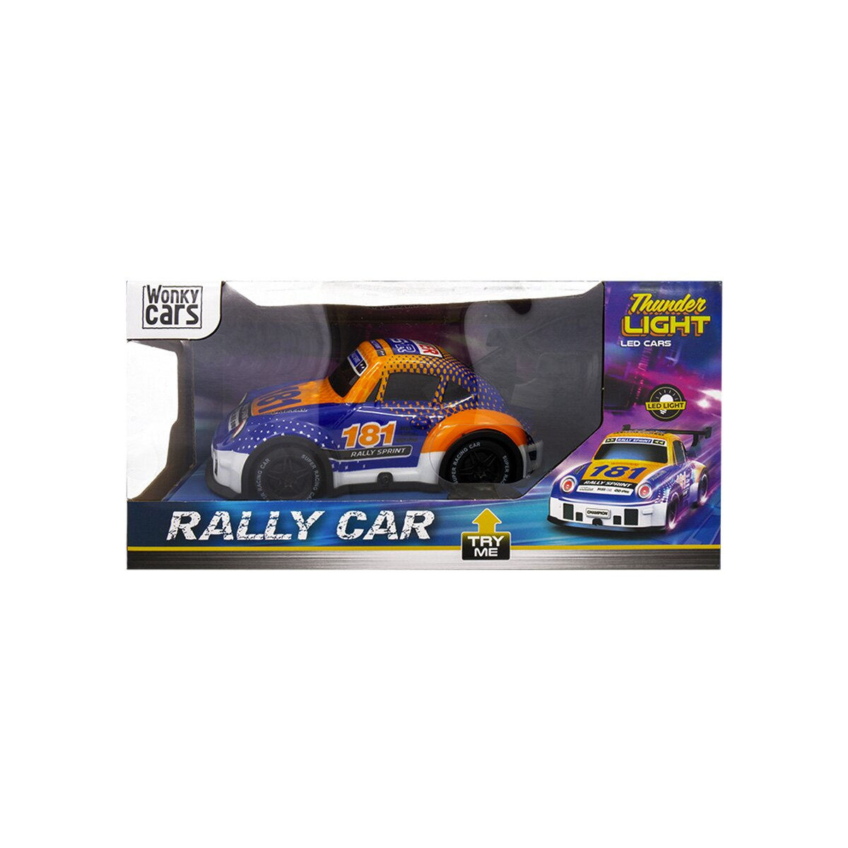 Ein Spielzeug-Rennwagen im Karton. Das Auto ist blau, orange und weiß mit der Nummer 181.