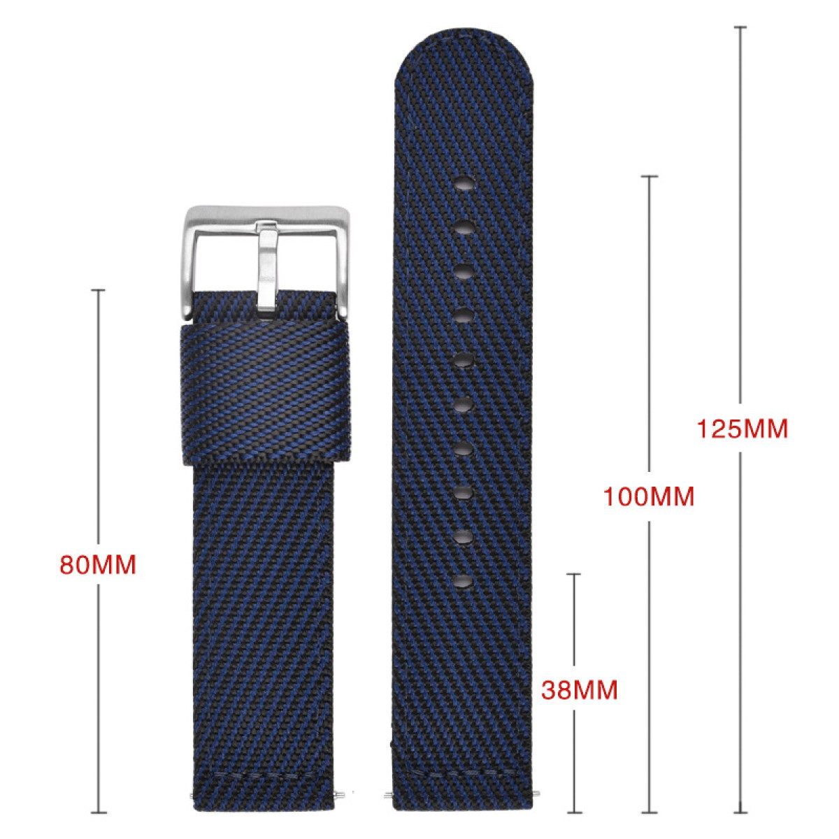Cinturini per orologi blu navy e neri con misure in millimetri.