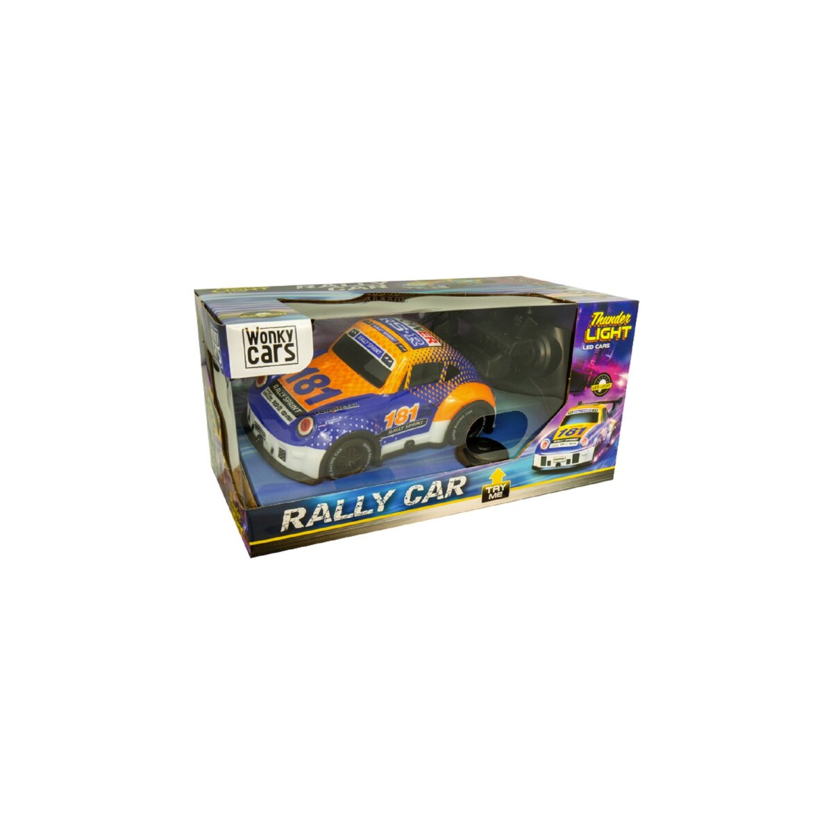 Ein Spielzeug-Rennwagen im Karton. Das Auto ist blau, orange und weiß mit der Nummer 181.