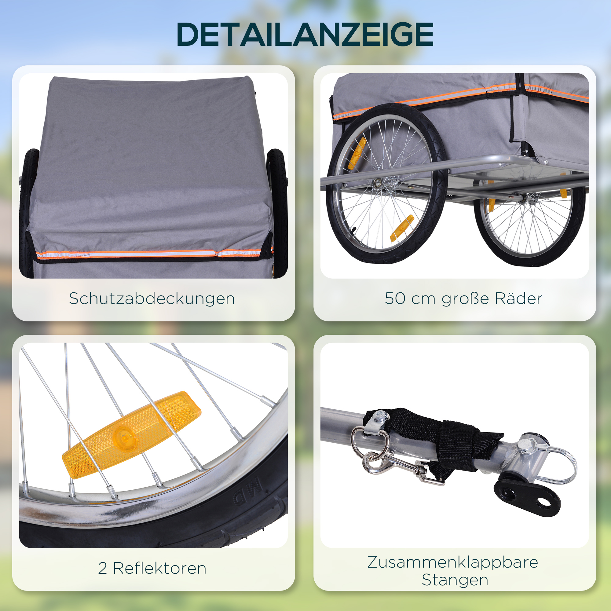 Bild mit Details eines Fahrradanhängers. Grau und gelb. Hintergrund im Freien.