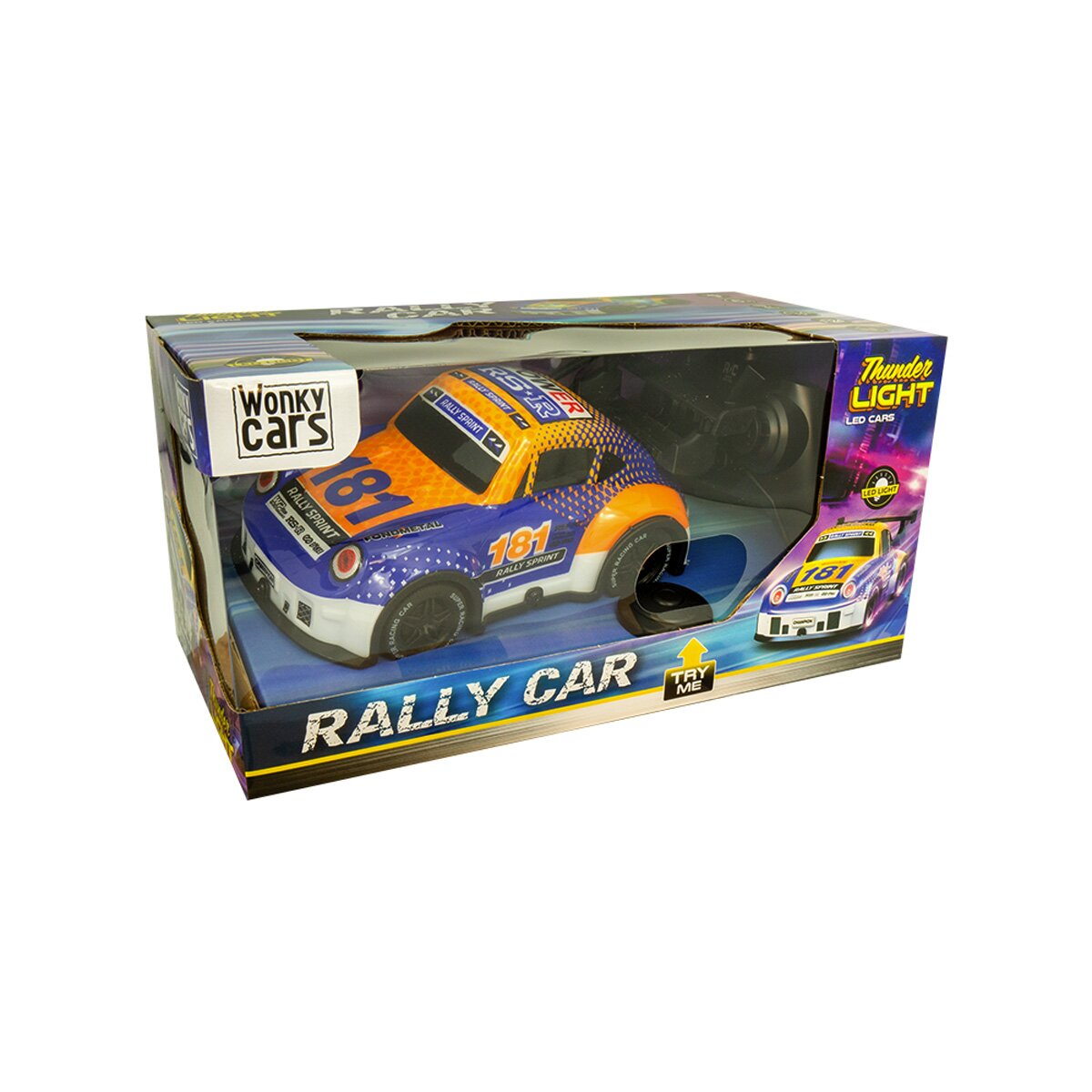 Ein Spielzeug-Rennwagen im Karton. Das Auto ist blau, orange und weiß mit der Nummer 181.
