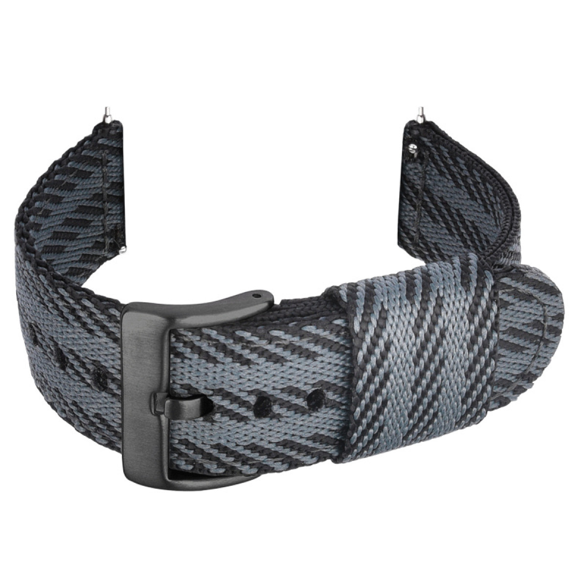 Grau-schwarz gemustertes Uhrenarmband mit schwarzer Schnalle.