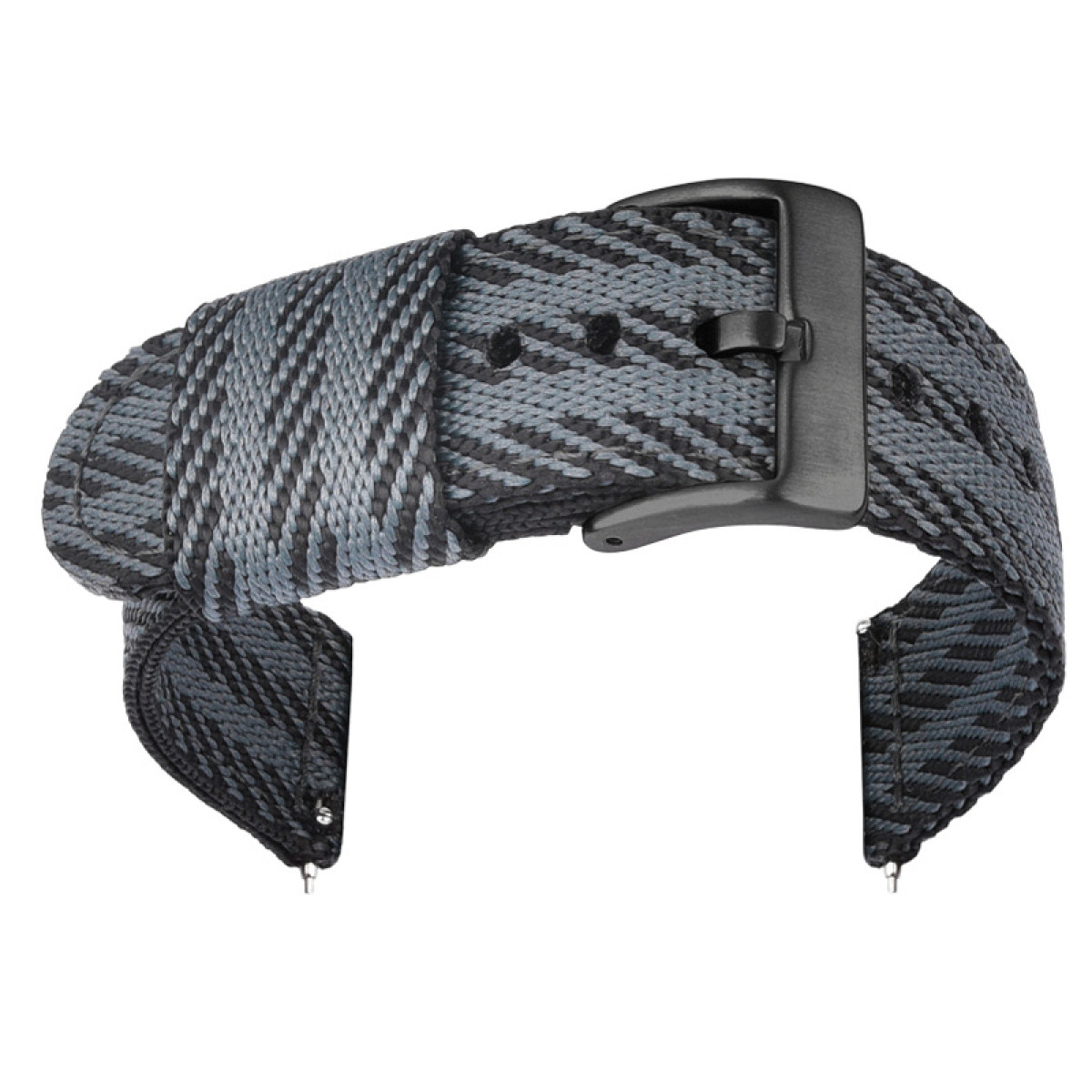 Schwarz-grau gemustertes Uhrenarmband mit schwarzer Schnalle, Nahaufnahme.