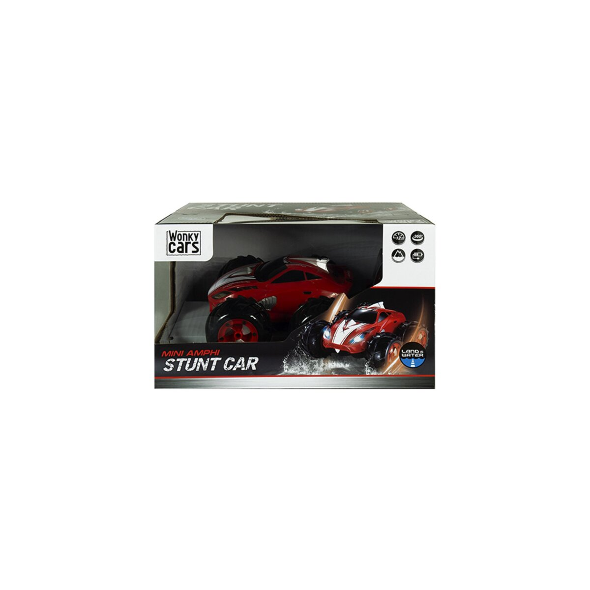 Spielzeugauto in einer Box. Rotes Stunt-Auto. Weißer Hintergrund.