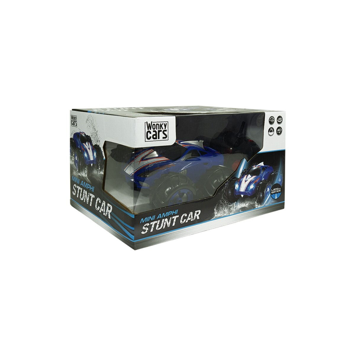 Spielzeugauto in Box, blaues und weißes Stunt-Car-Design. Box zeigt Autobild.