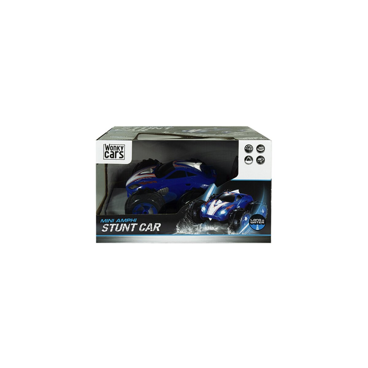Spielzeugauto-Box, blaues Stunt-Car-Bild. Vorderseite zeigt das Auto.