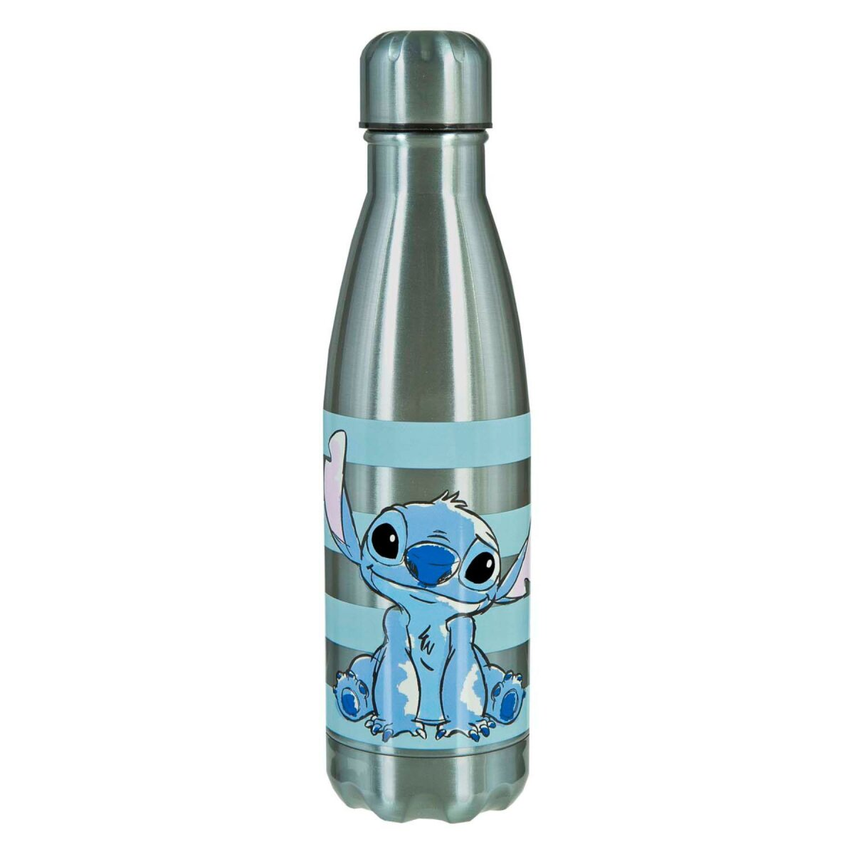 Zilveren waterfles met Stitch-ontwerp. Blauwe strepen. Witte achtergrond.