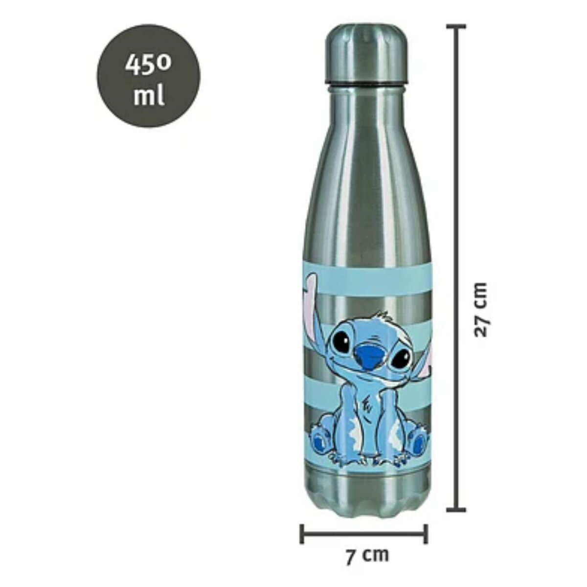Zilveren waterfles met Stitch en blauwe strepen. Tekst: 450 ml, 27 cm hoog.