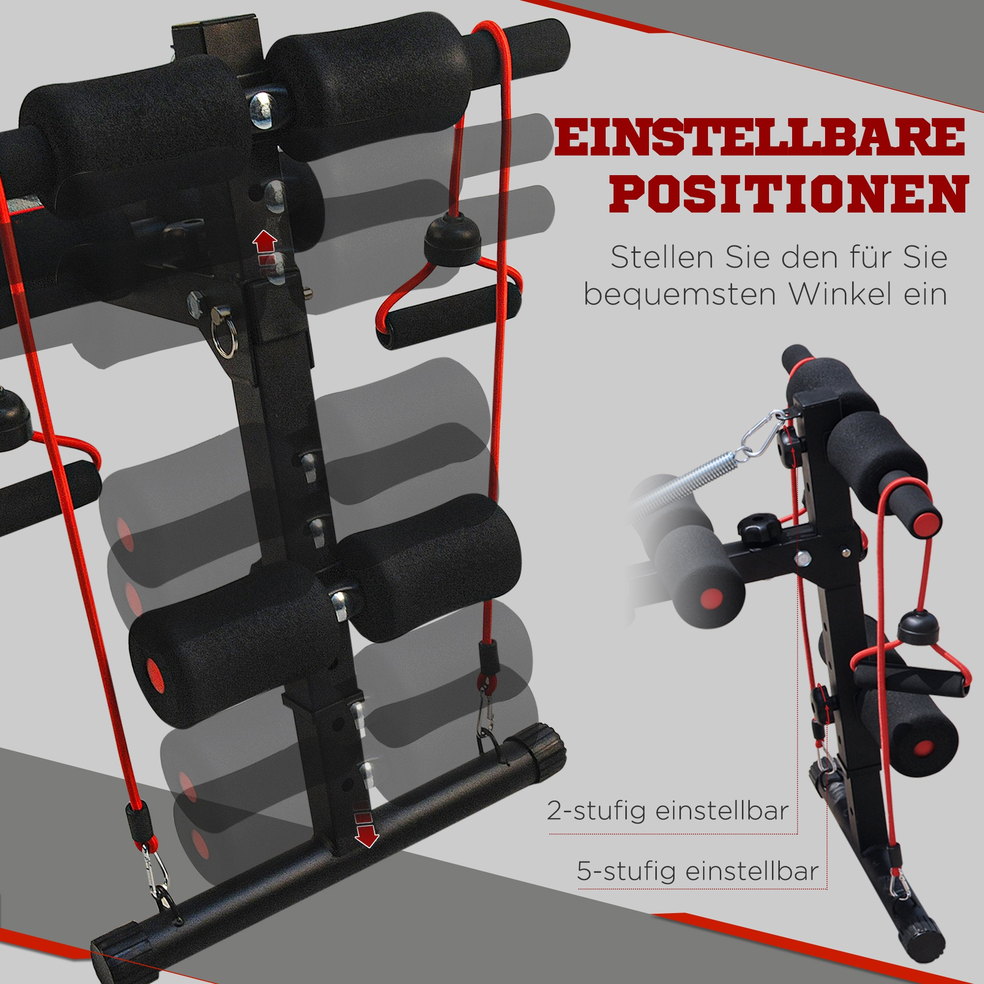 Trainingsbank mit roten Akzenten und roten Gurten. Einstellbar für verschiedene Positionen.