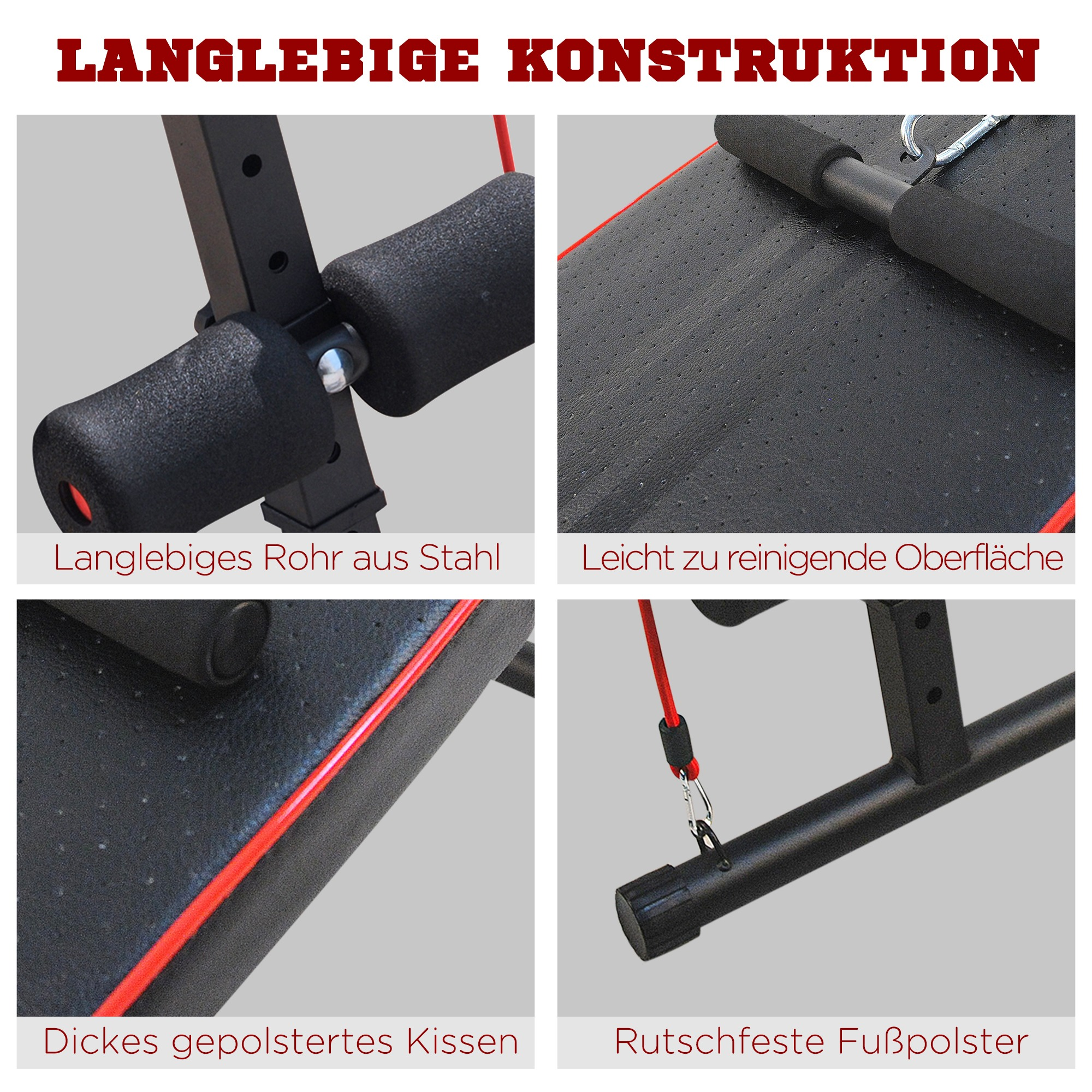 Nahaufnahmen einer Hantelbank, die Details wie den Stahlrahmen, die gepolsterte Sitzfläche und die rutschfeste Fußstütze zeigen.
