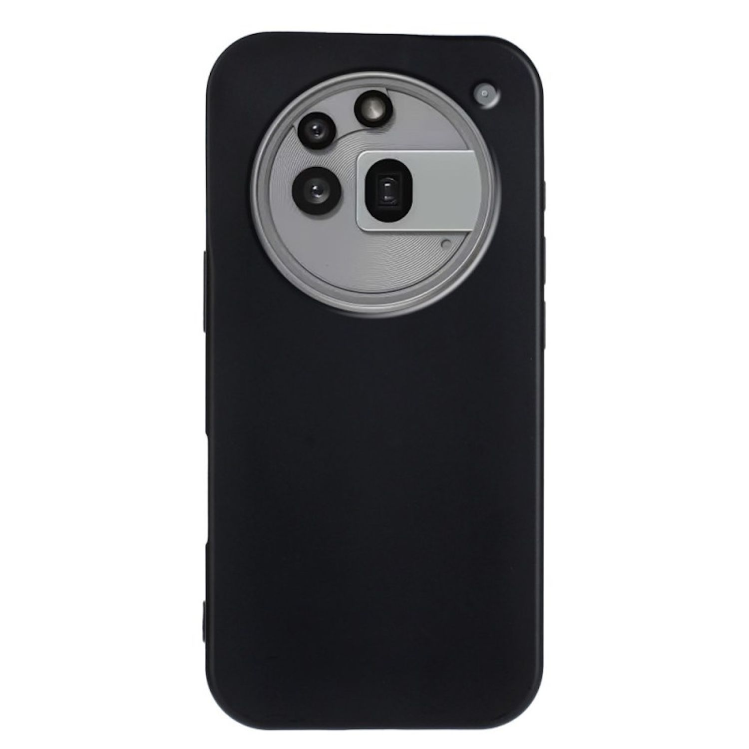 Una funda negra para smartphone con un módulo de cámara circular y detalles metálicos.