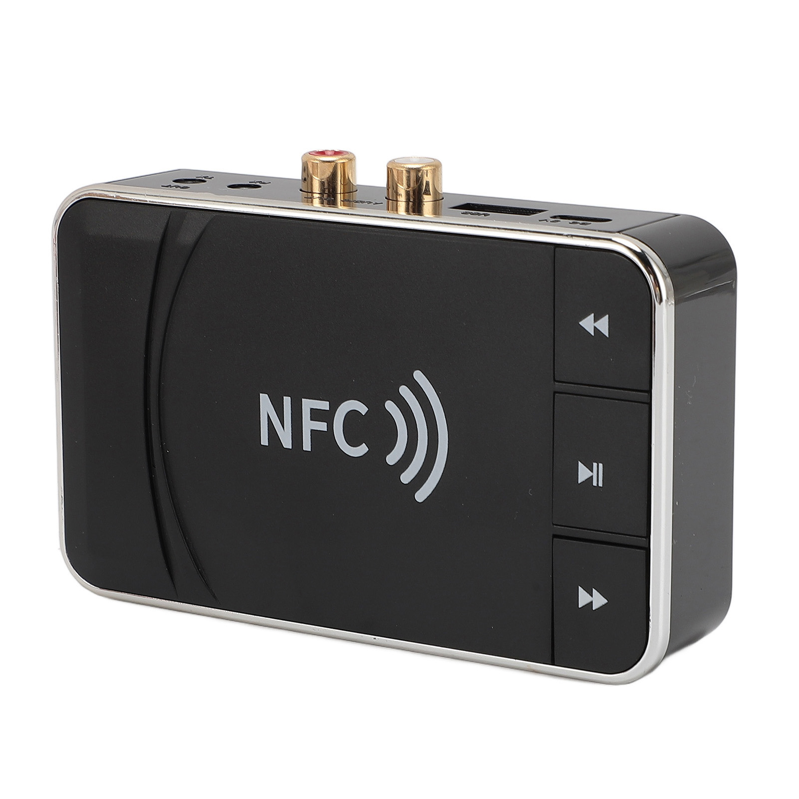 Ein schwarzes rechteckiges Gerät mit Tasten und Anschlüssen. Es hat ein 'NFC'-Symbol und einen silbernen Rand.