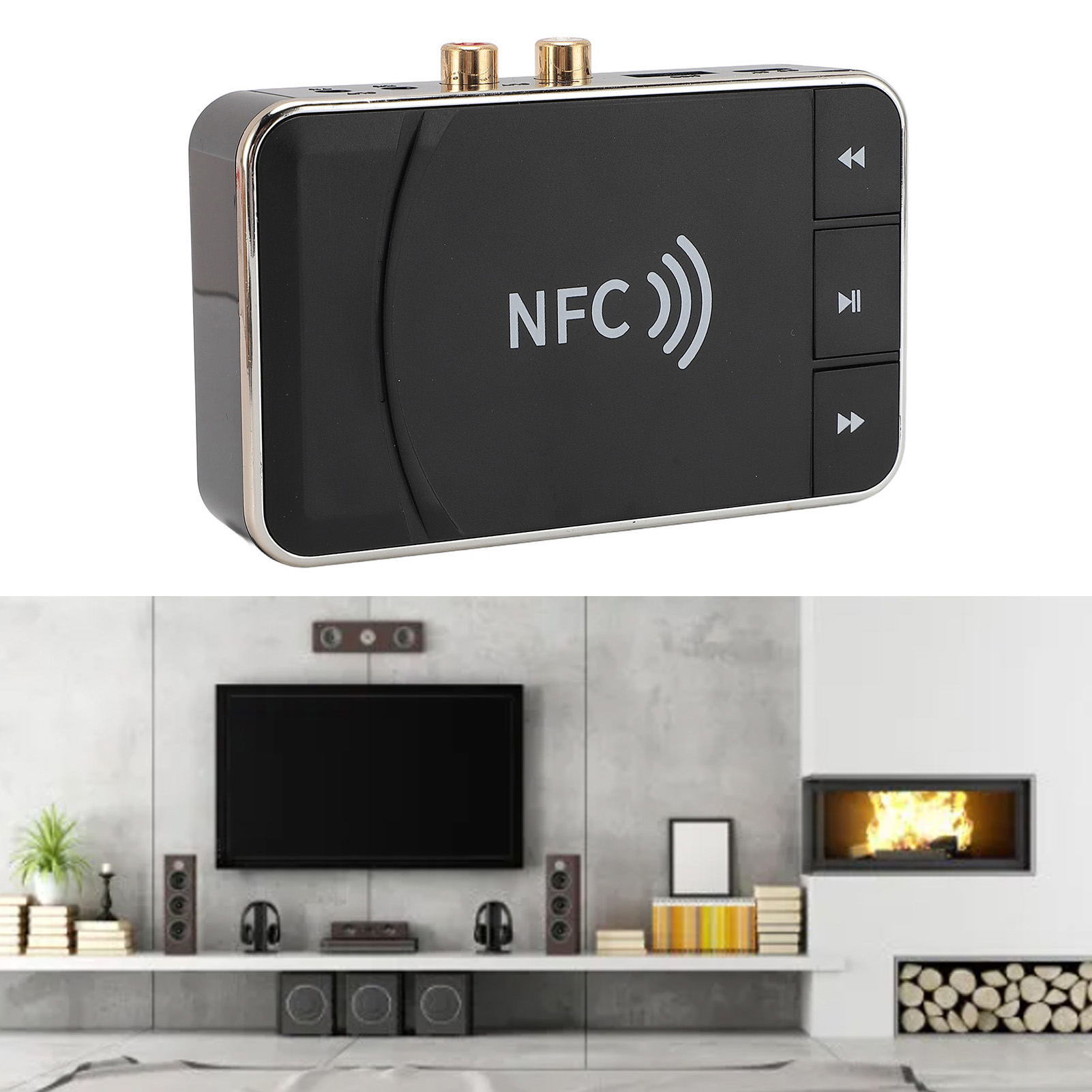Schwarzer NFC-Audioempfänger. Mit Knöpfen und zwei goldenen Buchsen. Kamin und Fernseher im Hintergrund.