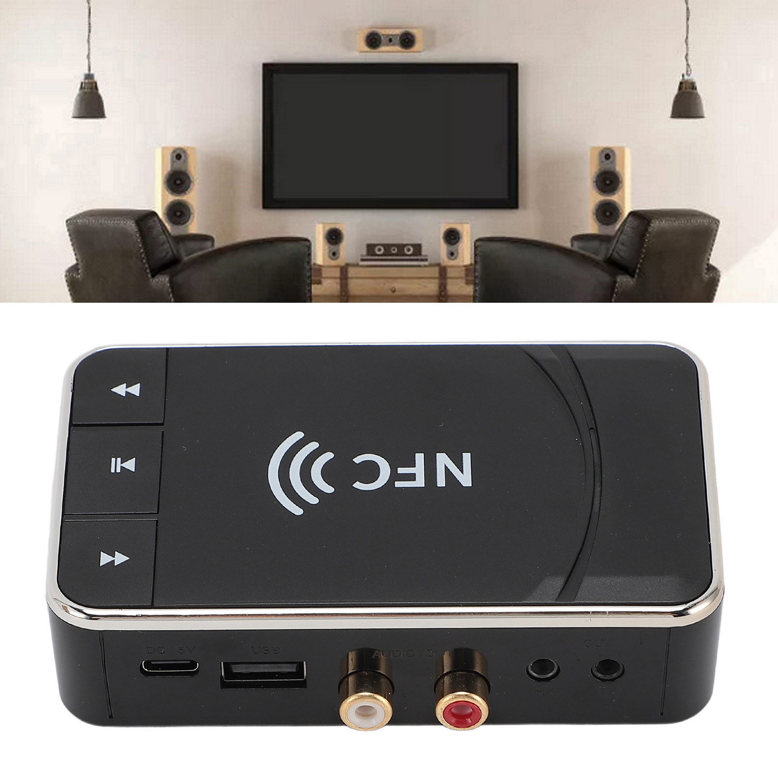 Ein schwarzer NFC-Audioempfänger mit Wiedergabe/Pause- und Überspringen-Tasten, angeschlossen an TV und Lautsprecher.