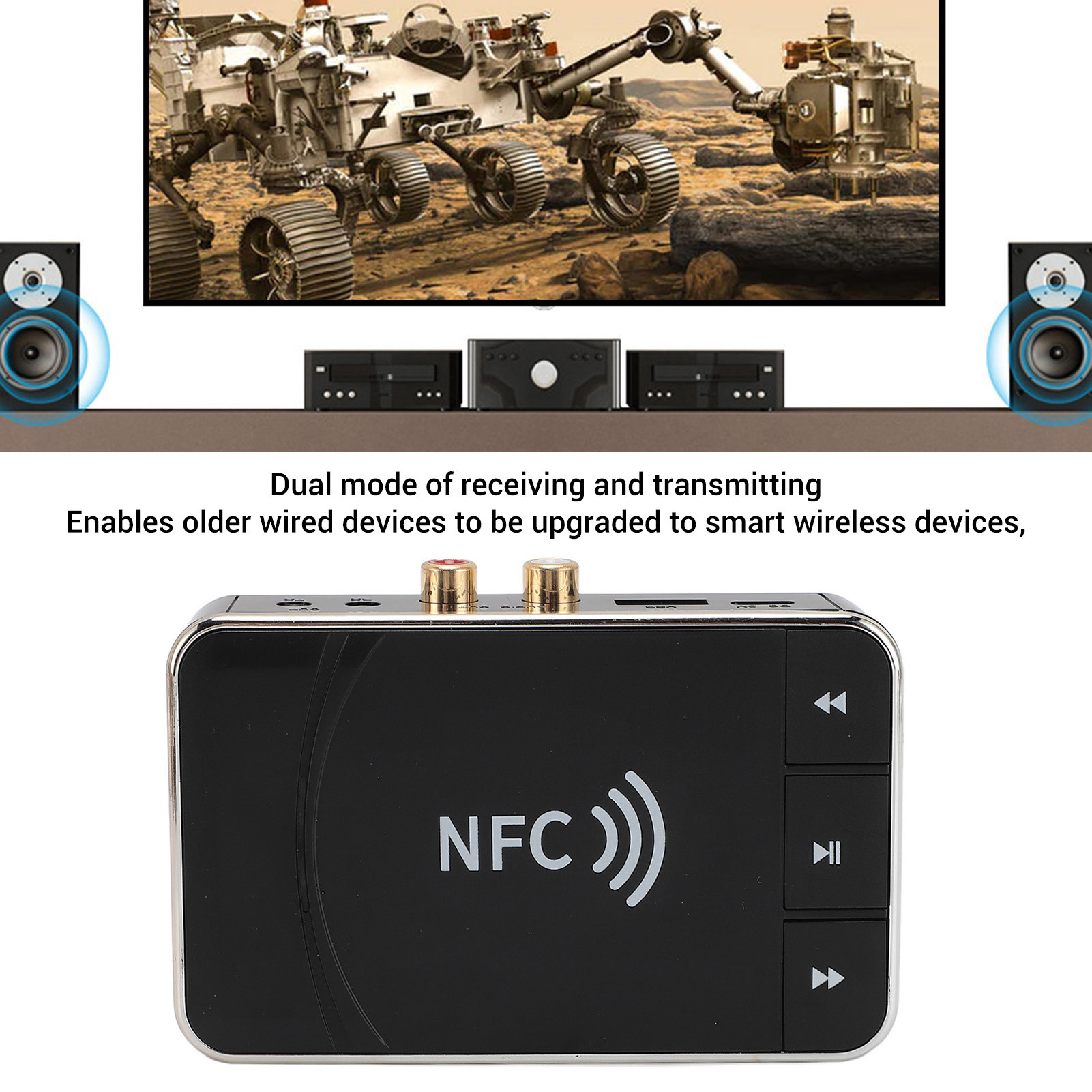 Schwarzer NFC-Audioempfänger. TV mit Raumsondenfoto und Lautsprecher im Hintergrund sichtbar.