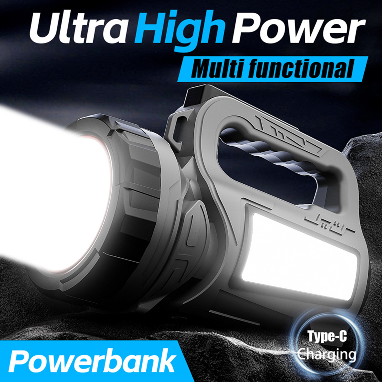 Große graue Taschenlampe mit hellem Licht. Der Text "Ultra High Power" und "Powerbank" wird angezeigt.