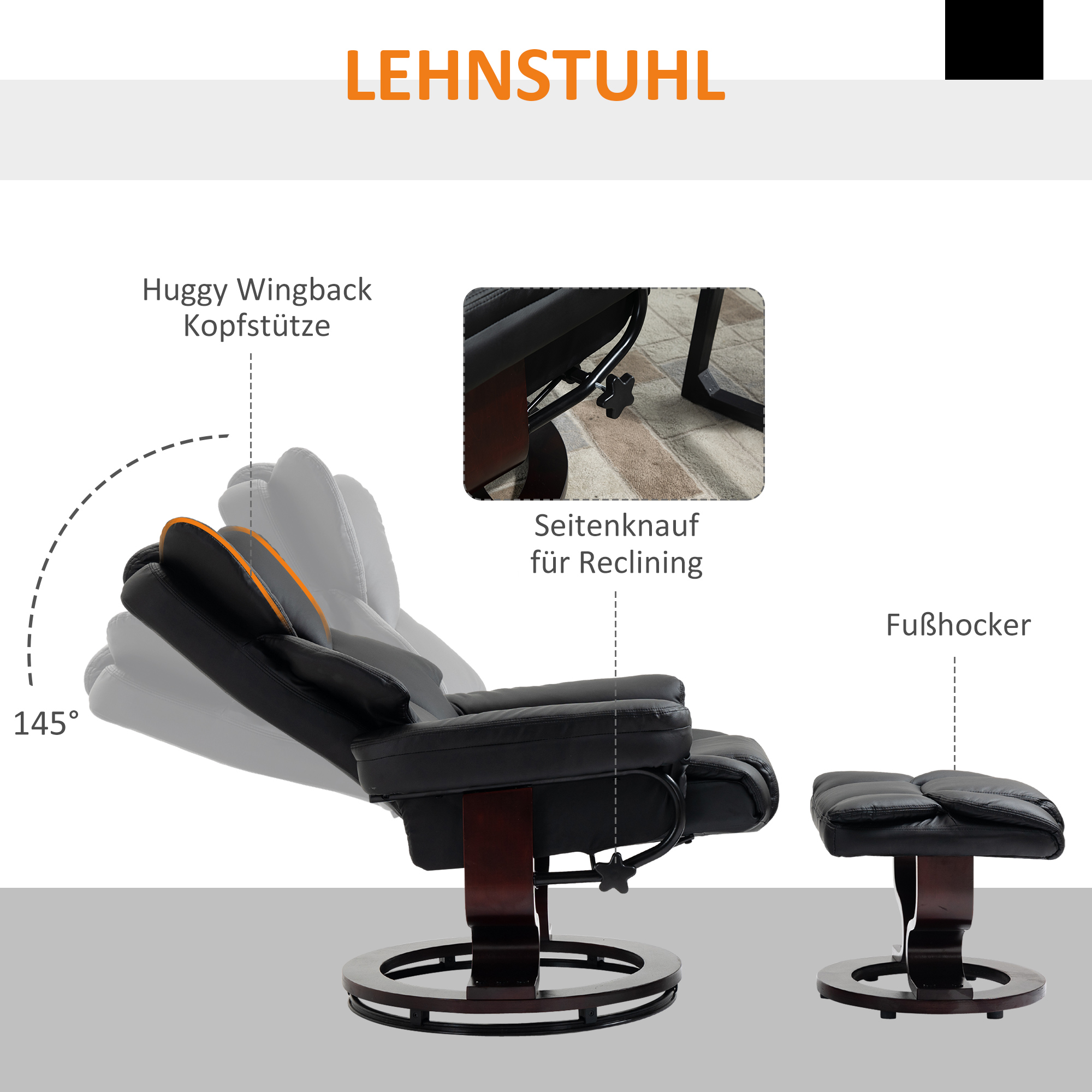 Liegesessel mit Fußhocker. Der Stuhl ist schwarz mit dunkler Holzbasis. Ein Diagramm zeigt den Neigungswinkel.