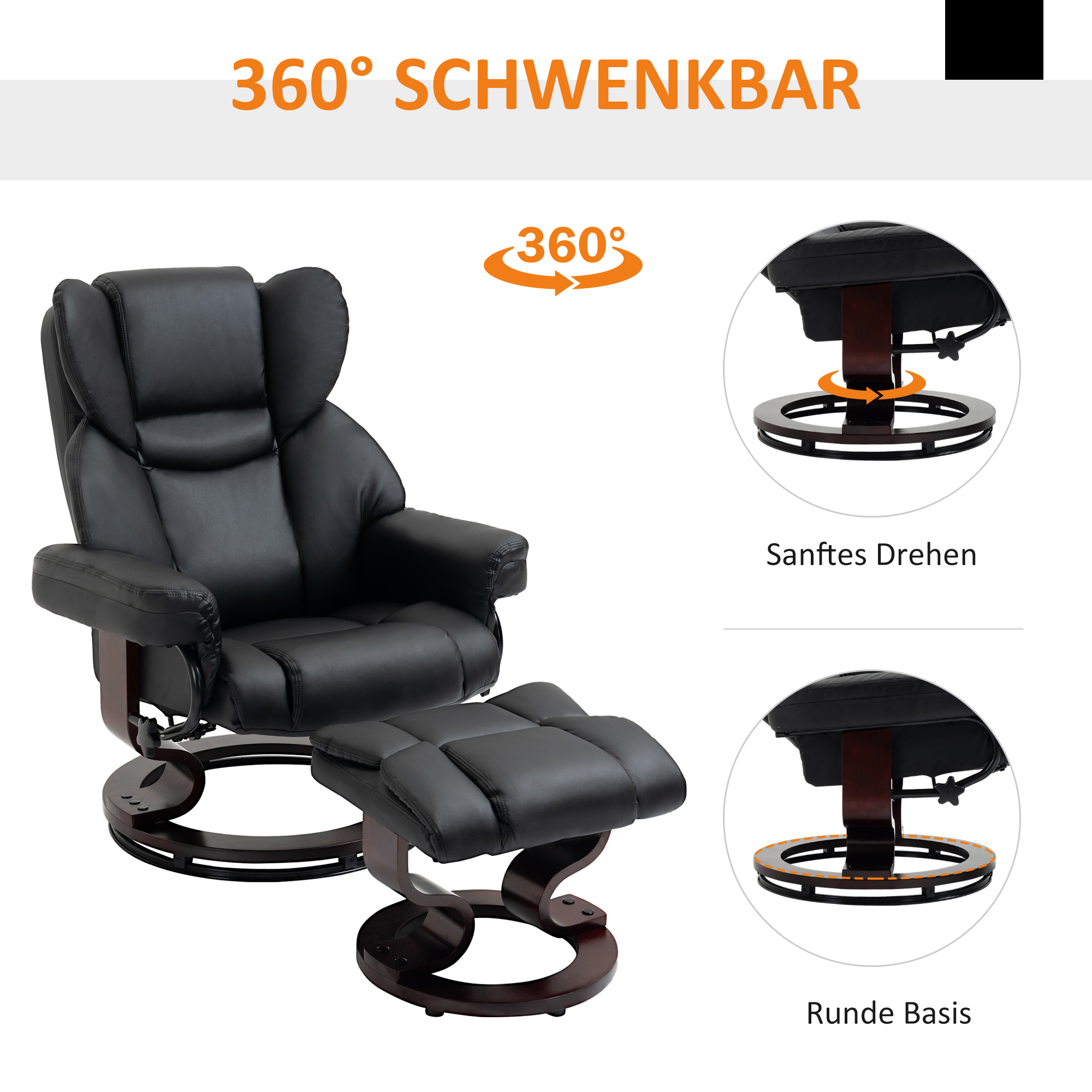 Schwarzer Relaxsessel mit Fußstütze. Illustrationen zeigen Dreh- und Basisdetails.