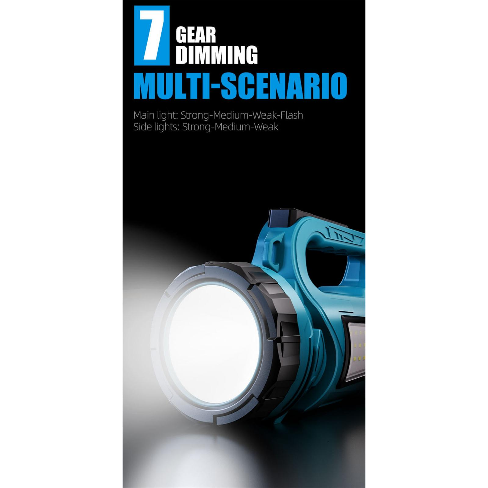Eine blaue Taschenlampe mit hellem Strahl und Text über die Gang-Dimmung.