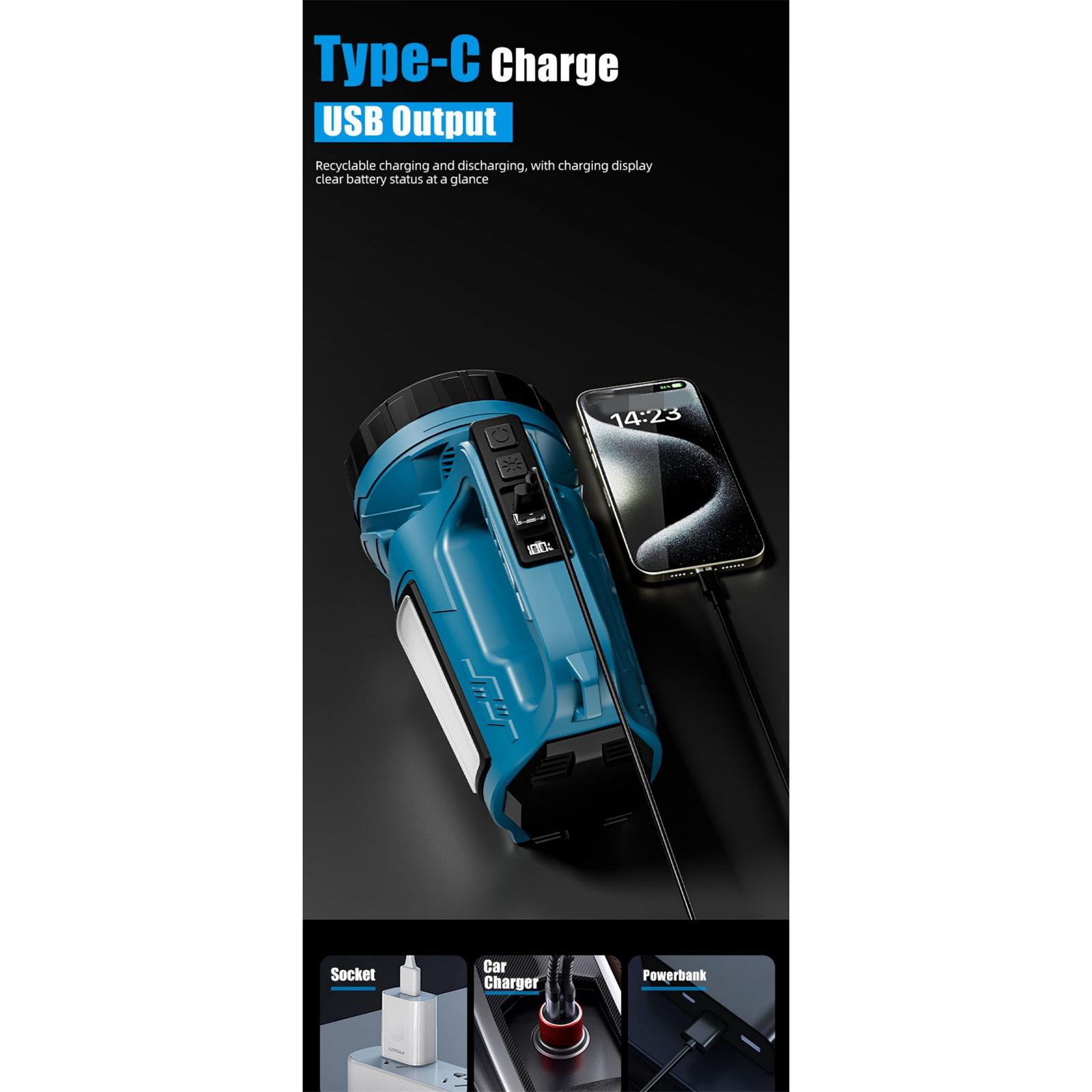 Blaue Taschenlampe mit einem Telefon, das von ihr geladen wird. Text: Typ-C-Ladung, USB-Ausgang. Zeigt Ladegerät, Autoladegerät und Powerbank.