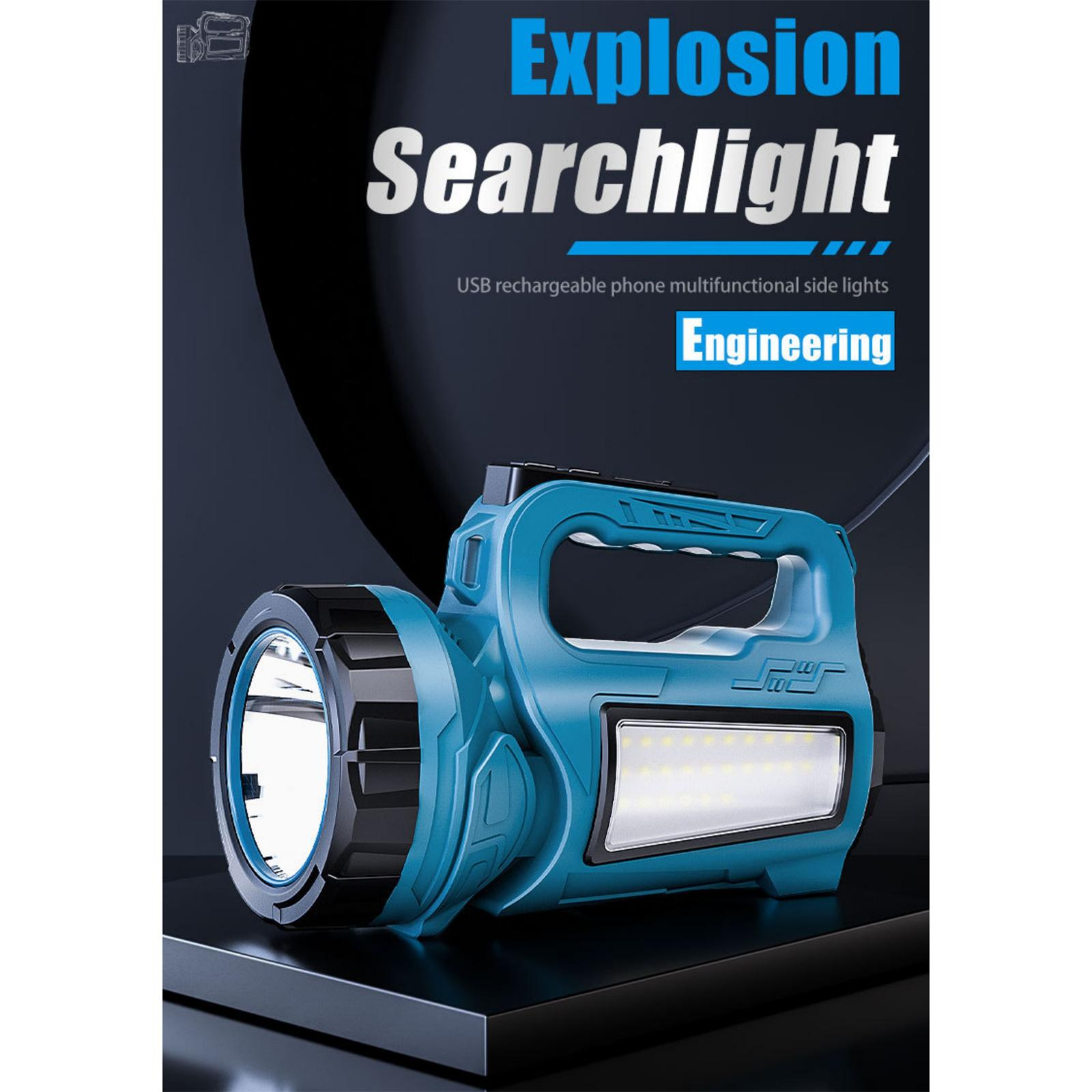 Blaue und schwarze Taschenlampe mit weißem Licht. Das Wort „Engineering“ ist auf der Vorderseite aufgedruckt.