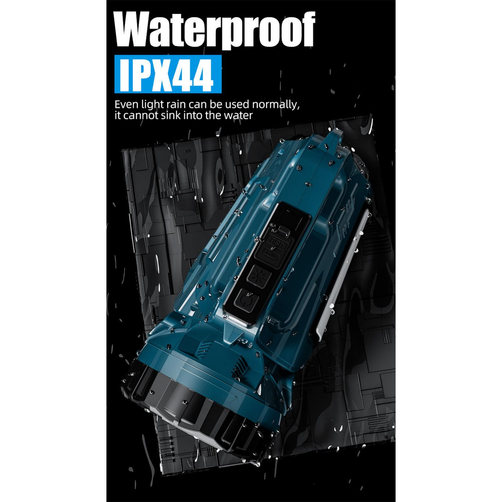 Blaue wasserdichte IPX44-Taschenlampe vor schwarzem Hintergrund.