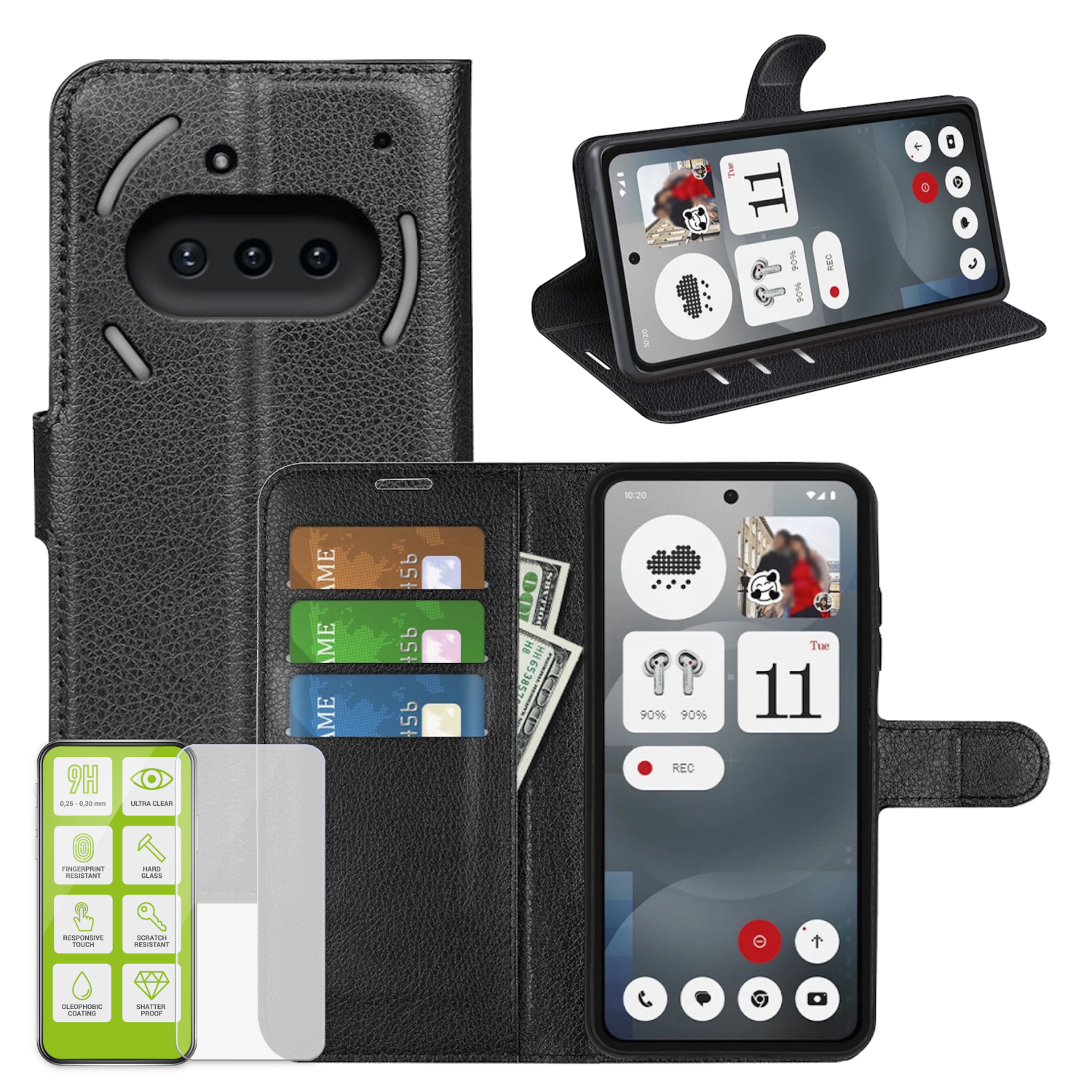 Schwarze Handyhülle, offen und geschlossen, mit Karten und Geld. Telefon zeigt Bildschirm. Weißer Hintergrund.