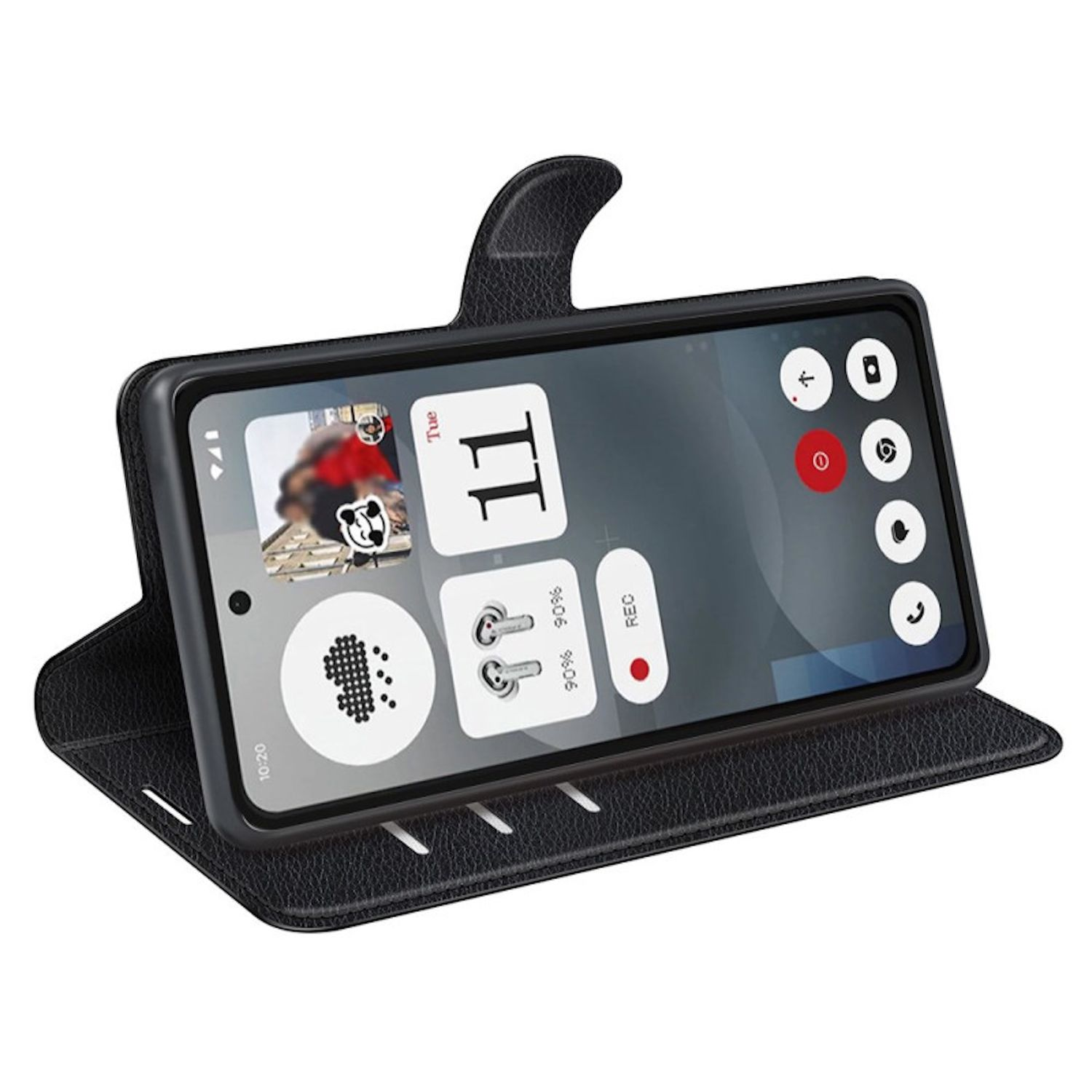 Telefon in einer schwarzen Lederhülle. Der Telefonbildschirm zeigt App-Symbole und ein Foto von Personen.
