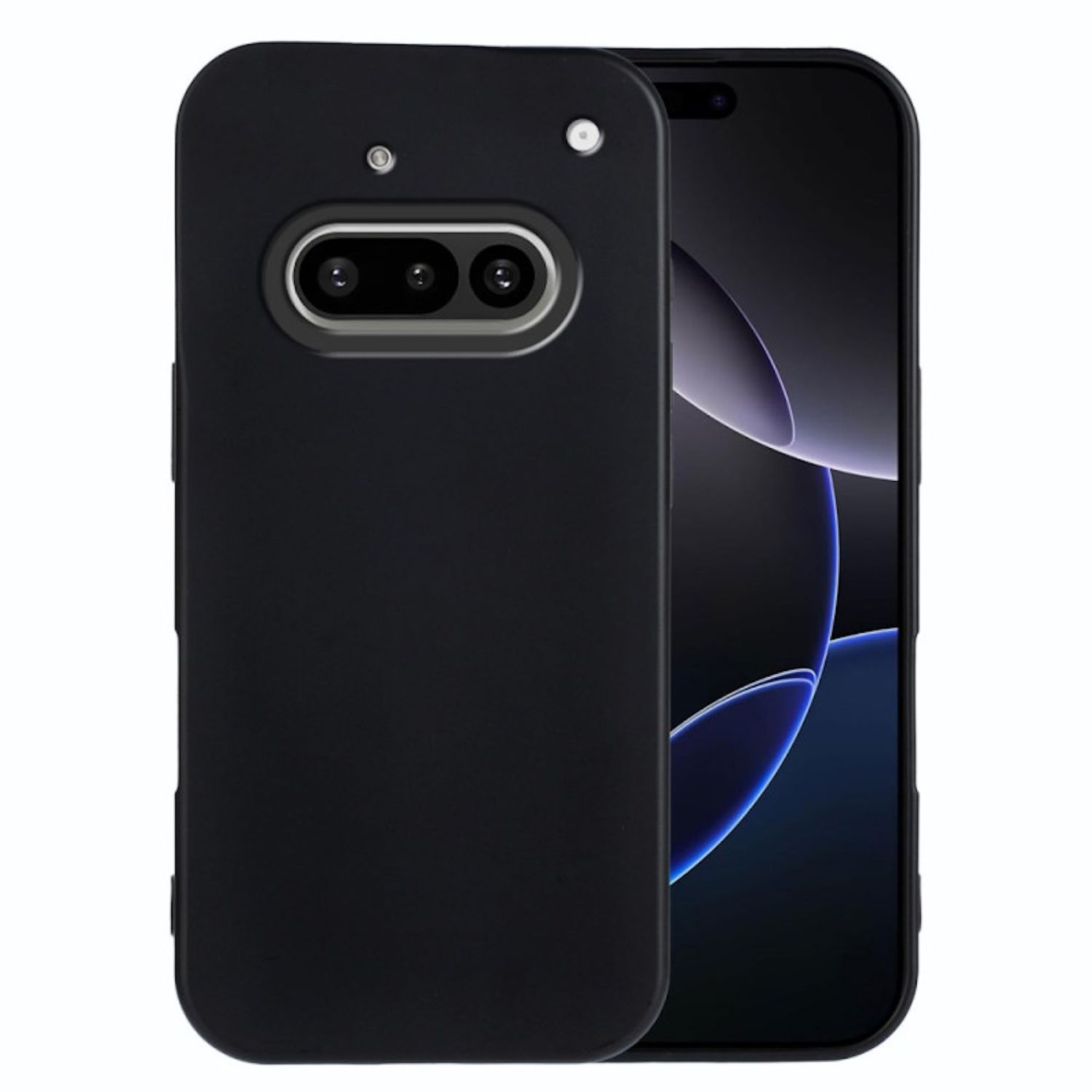 Funda de teléfono negra con lentes de cámara. El teléfono es negro. Fondo blanco.