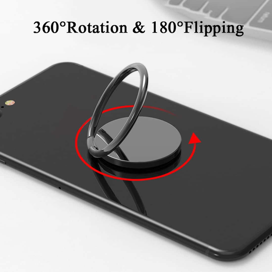 Schwarzes Telefon mit silbernem Ringhalter. Roter Pfeil zeigt die Drehung. Weißer Hintergrund.