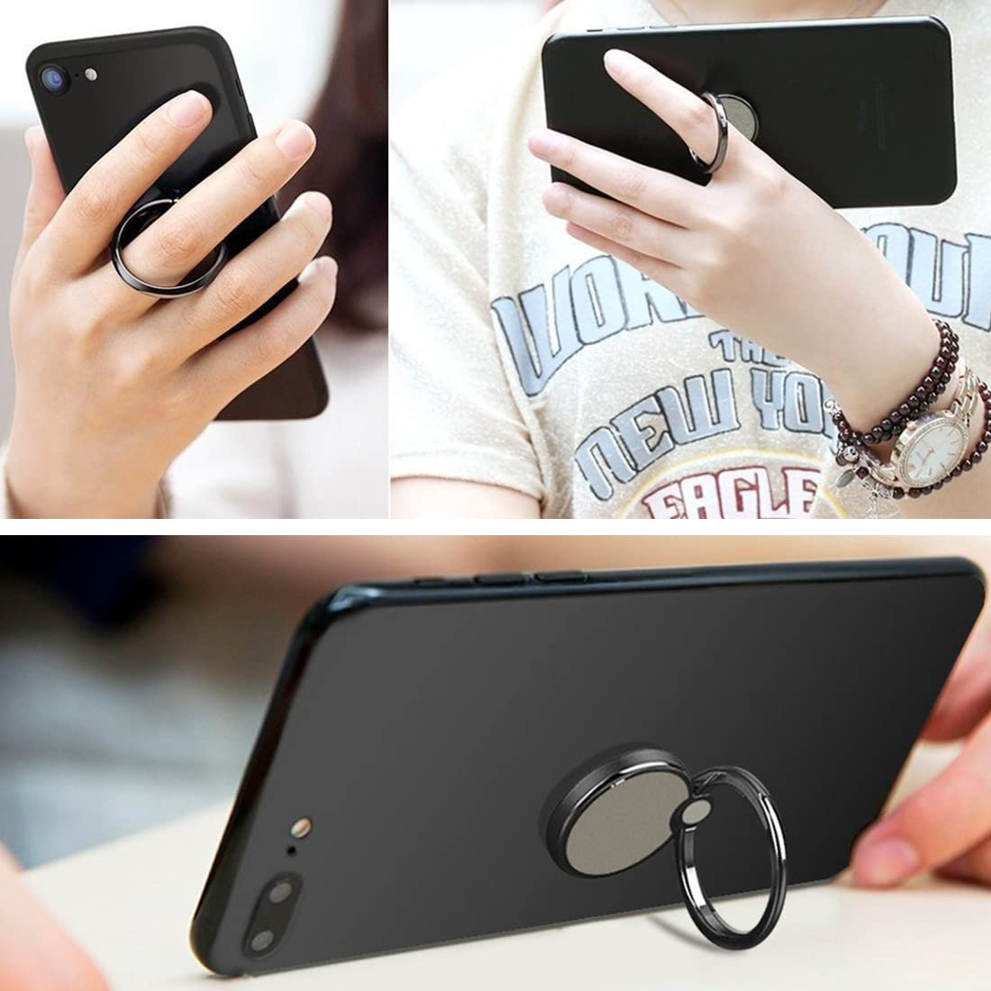Drei Fotos eines Telefons mit einem Ringhalter. Das Telefon ist schwarz und der Ring ist silberfarben.