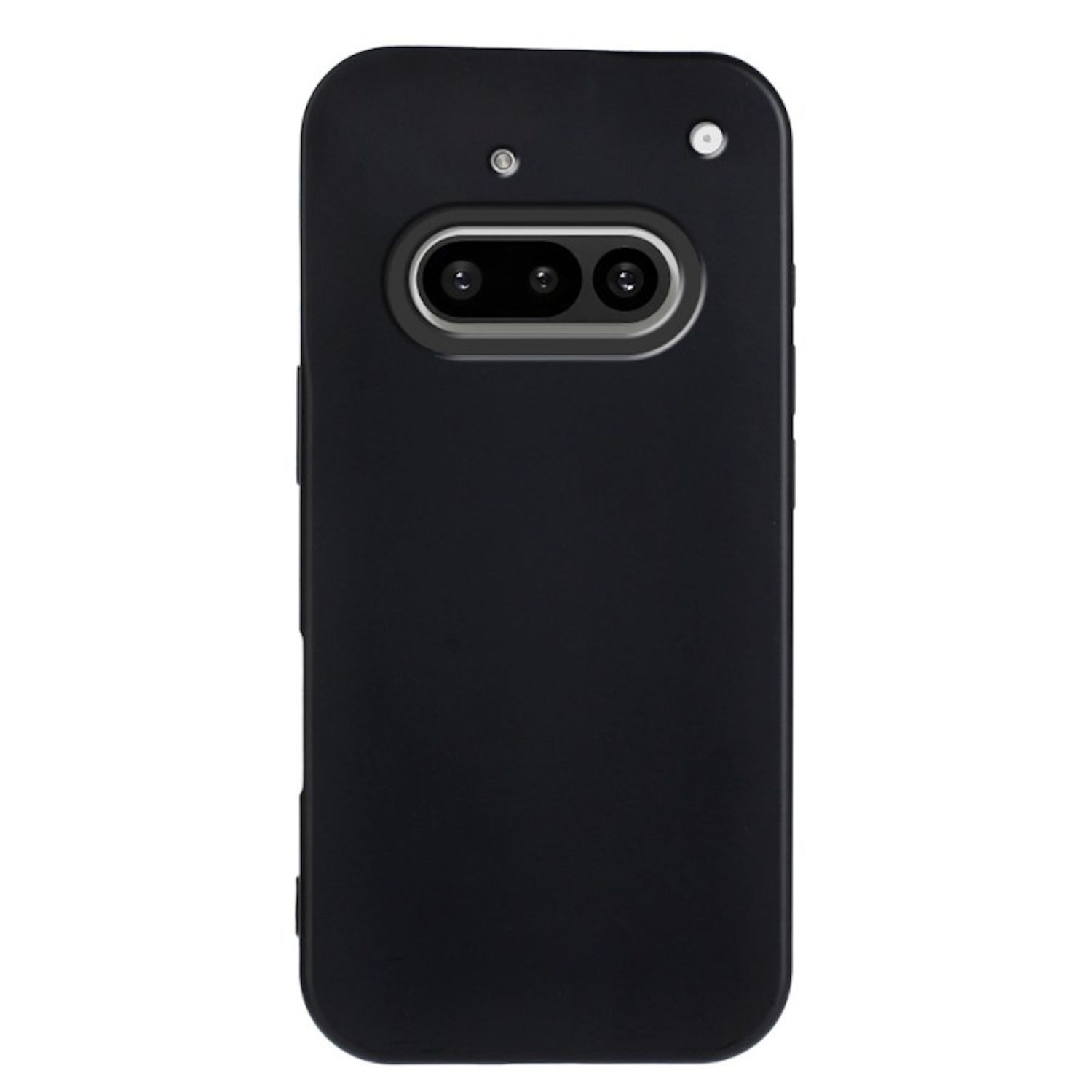 Funda negra para teléfono con configuración de triple cámara y dos lentes adicionales, todo en fila.