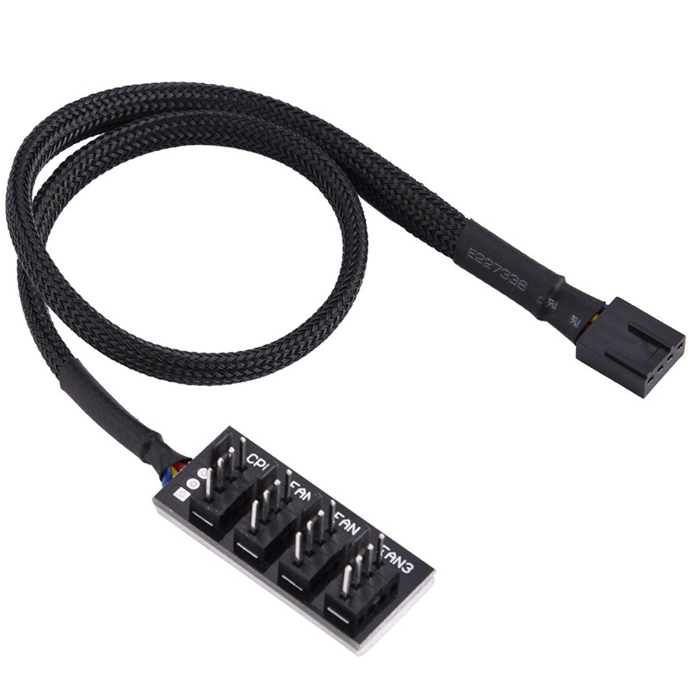 Schwarzes Lüfter-Splitterkabel mit Anschlüssen. Beschriftung CPU, FAN1, FAN2, FAN3.